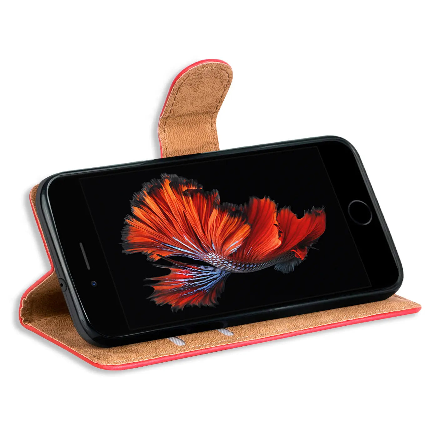 Rote Klapphülle aus Leder mit Kartenfächern, iPhone 7 Plus/8 Plus, von vorne schräg