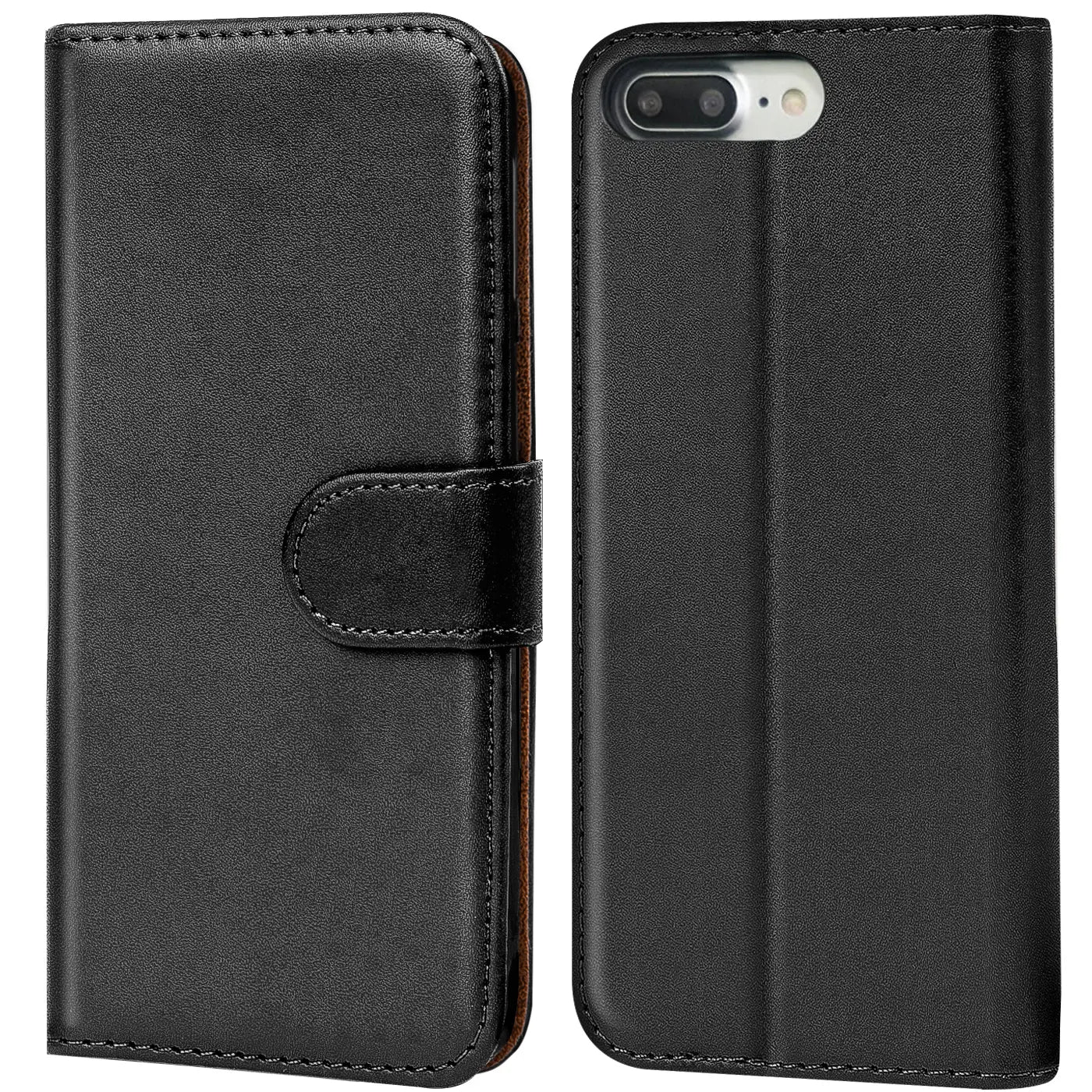 Schwarze Leder-Klapphülle, Vorder- und Rückansicht, für iPhone 7 Plus/8 Plus.