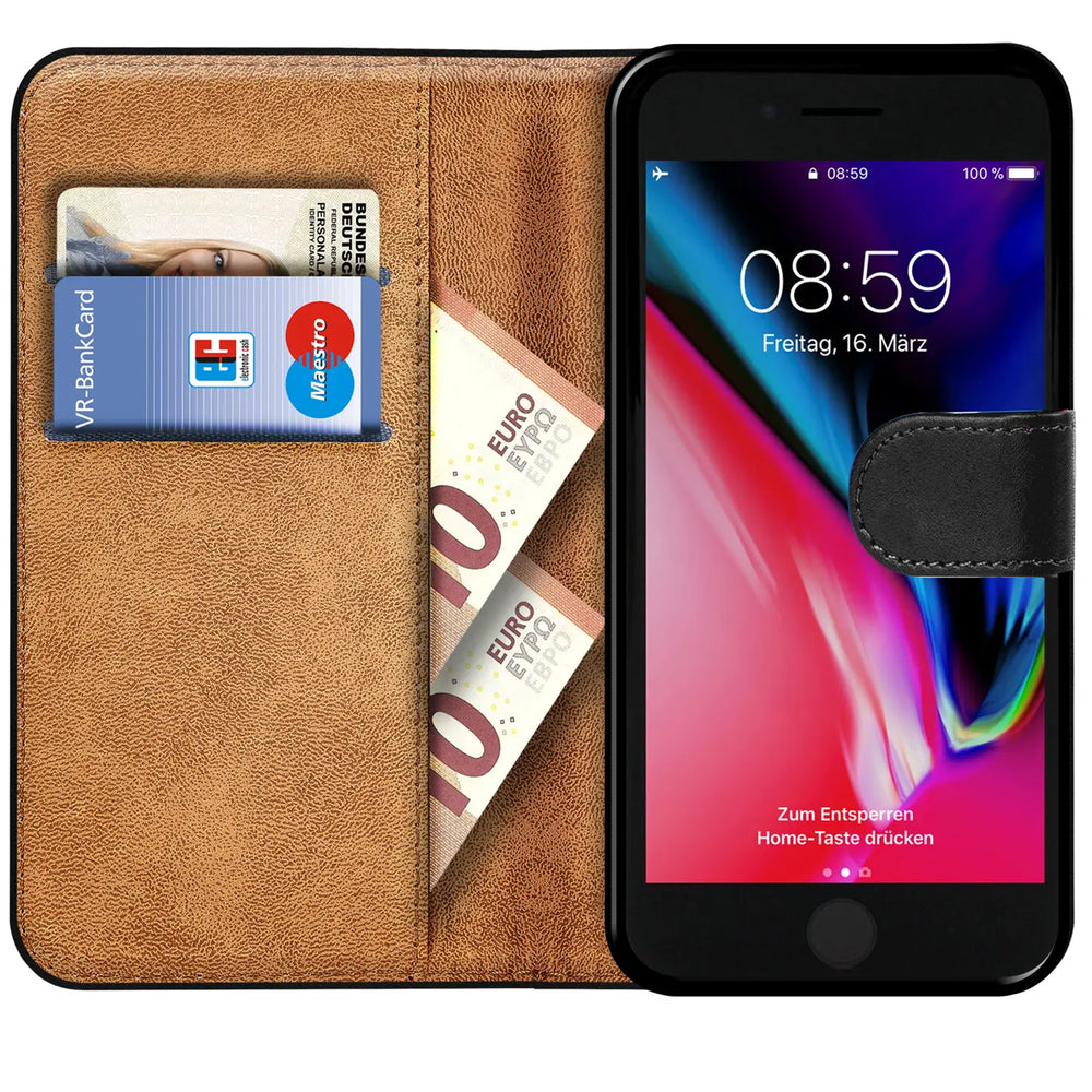 iPhone 7 Plus / 8 Plus Klapphülle in Schwarz mit Kartenfächern und Schutz