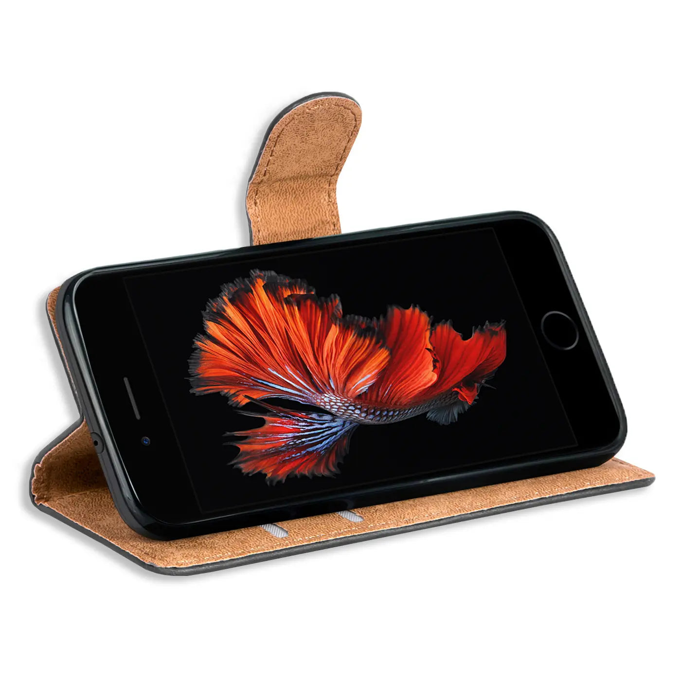 Braune Leder-Klapphülle mit Kartenfächern, zeigt ein iPhone 7 Plus/8 Plus.