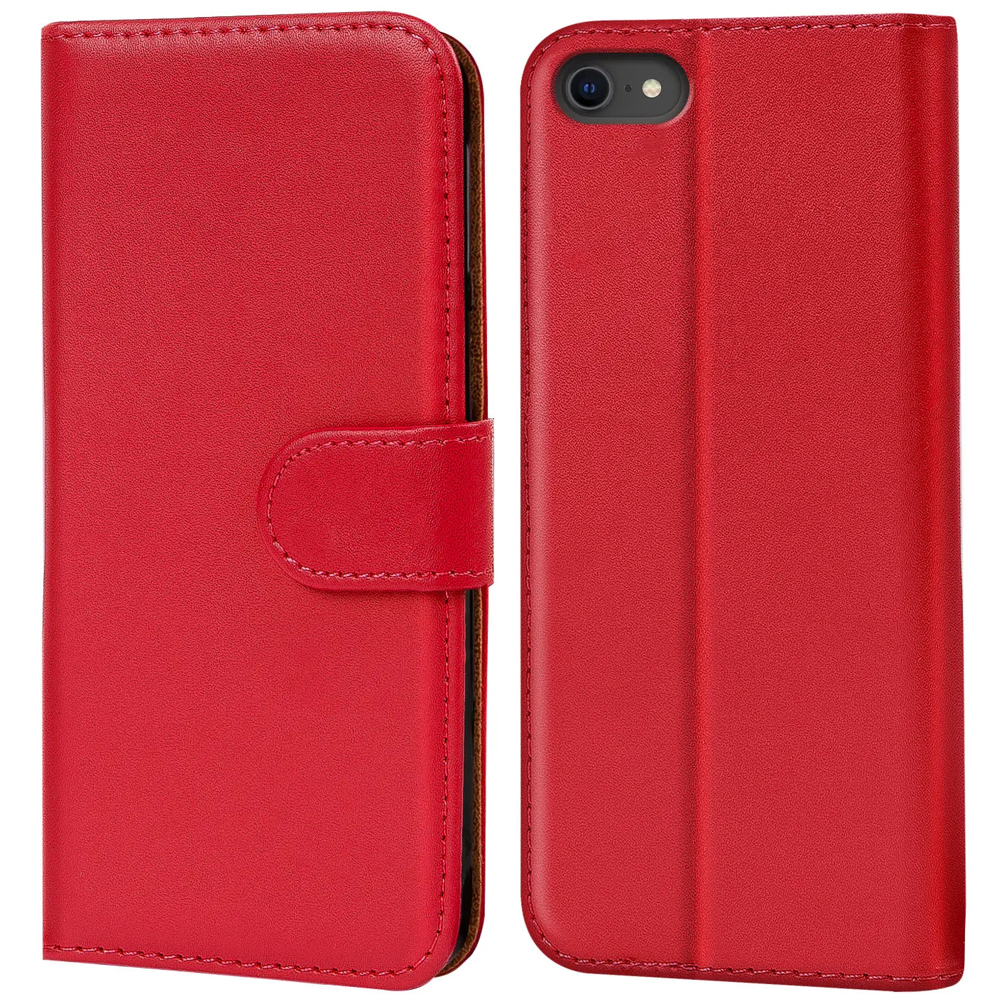 Rote Leder-Klapphülle mit Kartenfächern, Vorderansicht, zeigt iPhone 7/8/SE.