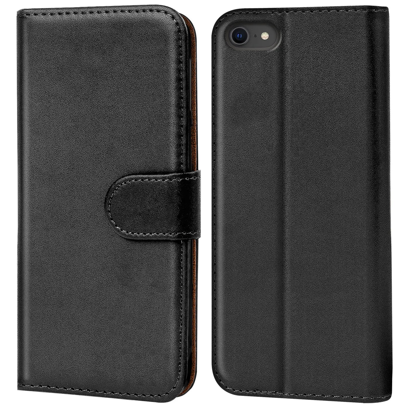 Schwarze Leder-Klapphülle mit Kartenfächern für iPhone 7/8/SE, Vorder- und Rückansicht.