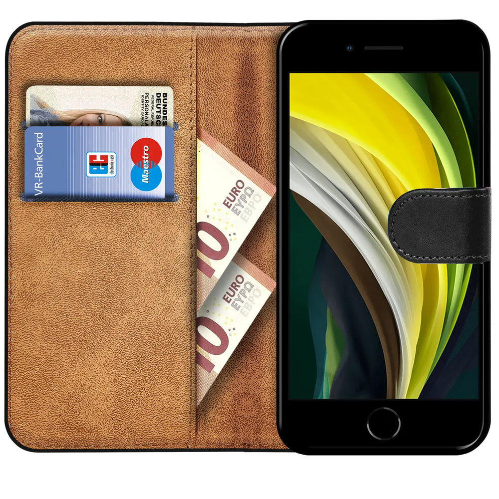 iPhone 7 / 8 / SE 2 / SE 3 Klapphülle in Schwarz mit Kartenfächern und Schutz