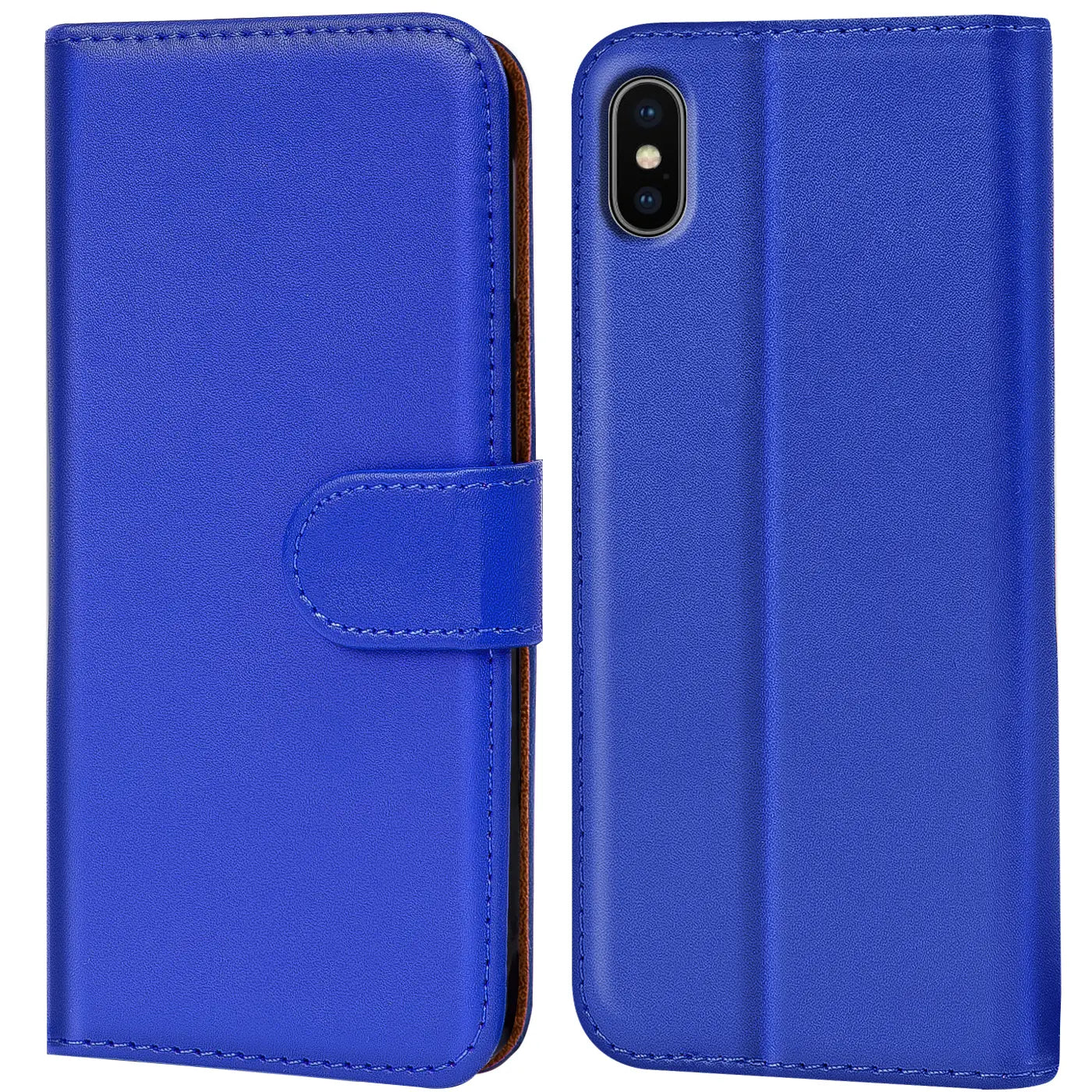 Blaue Kunstleder-Klapphülle mit Kartenfächern, Vorder- und Rückansicht, für iPhone X/XS.