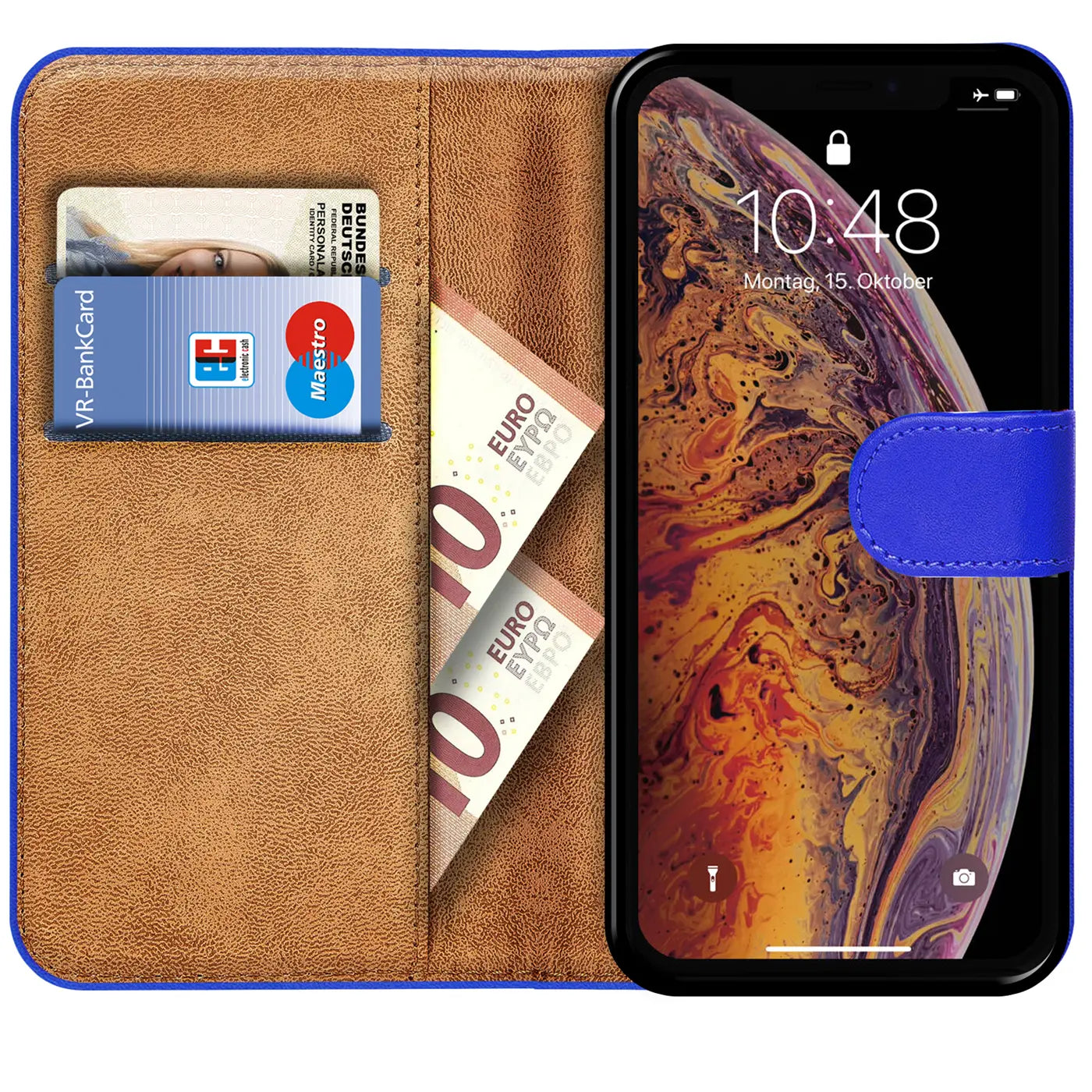 Blaue Kunstleder-Klapphülle mit Kartenfächern und Geldscheinfach, zeigt iPhone X/XS.