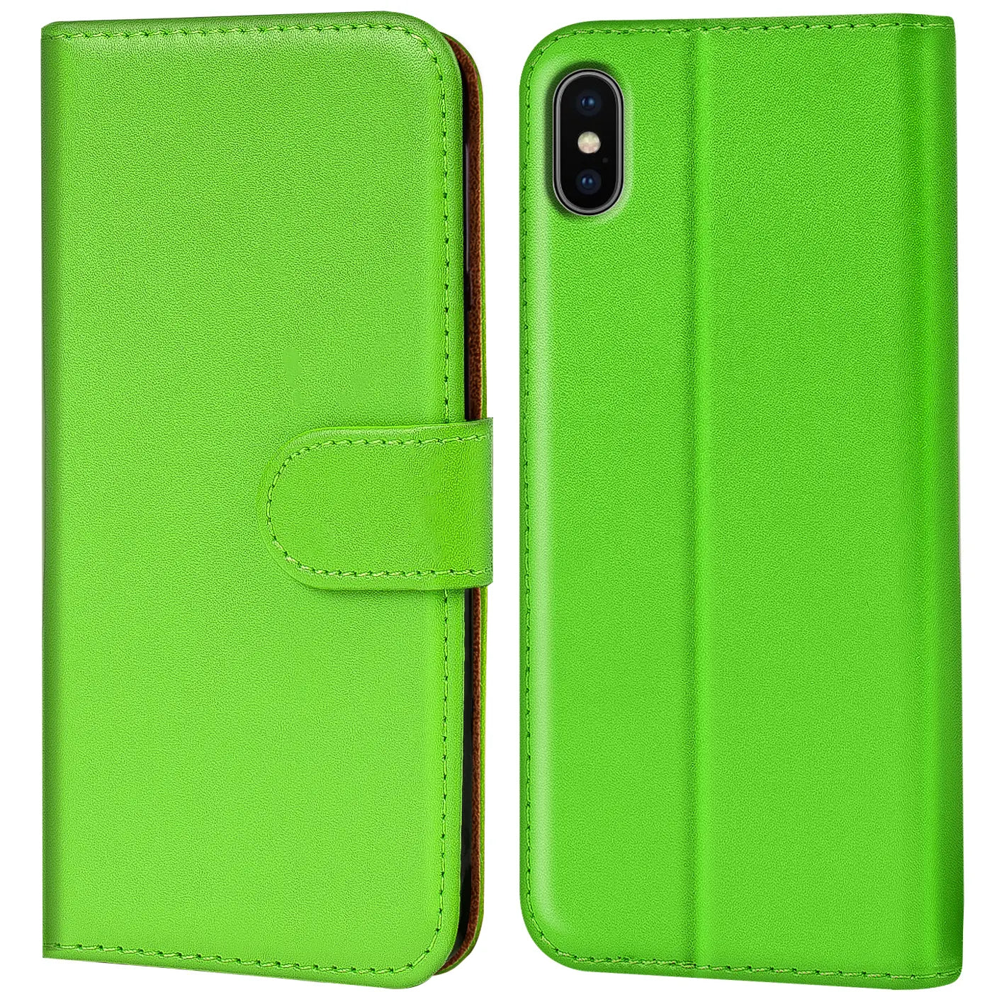 Grüne Leder-Klapphülle mit Kartenfächern, Vorder- und Rückansicht, für iPhone X/XS.