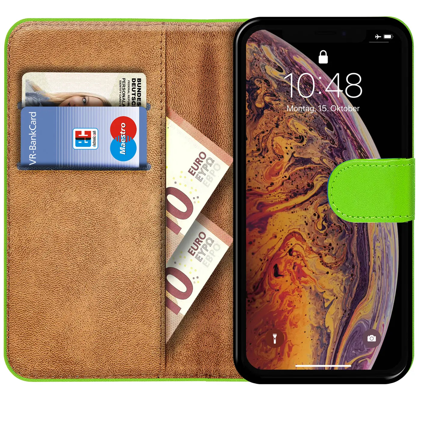 Grüne Klapphülle aus Leder mit Kartenfächern und iPhone XS, von vorne