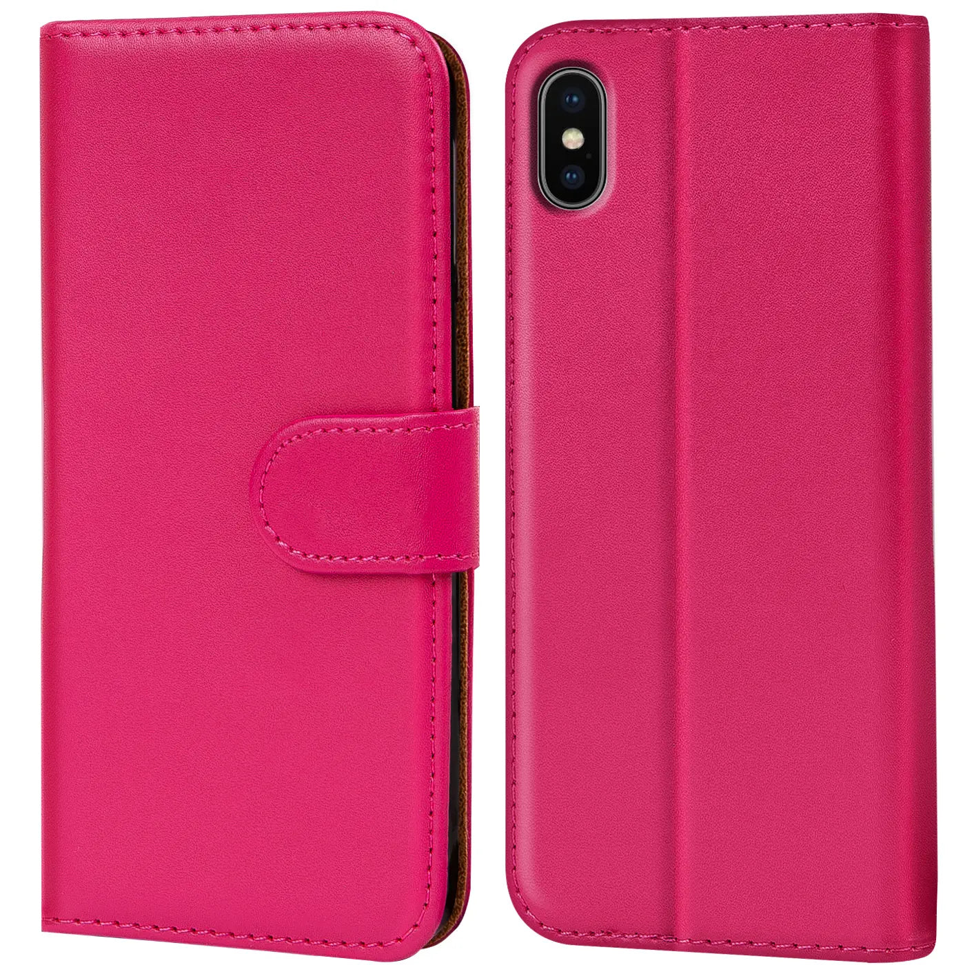 Pink Kunstleder Klapphülle für iPhone X/XS, Vorder- und Rückansicht.