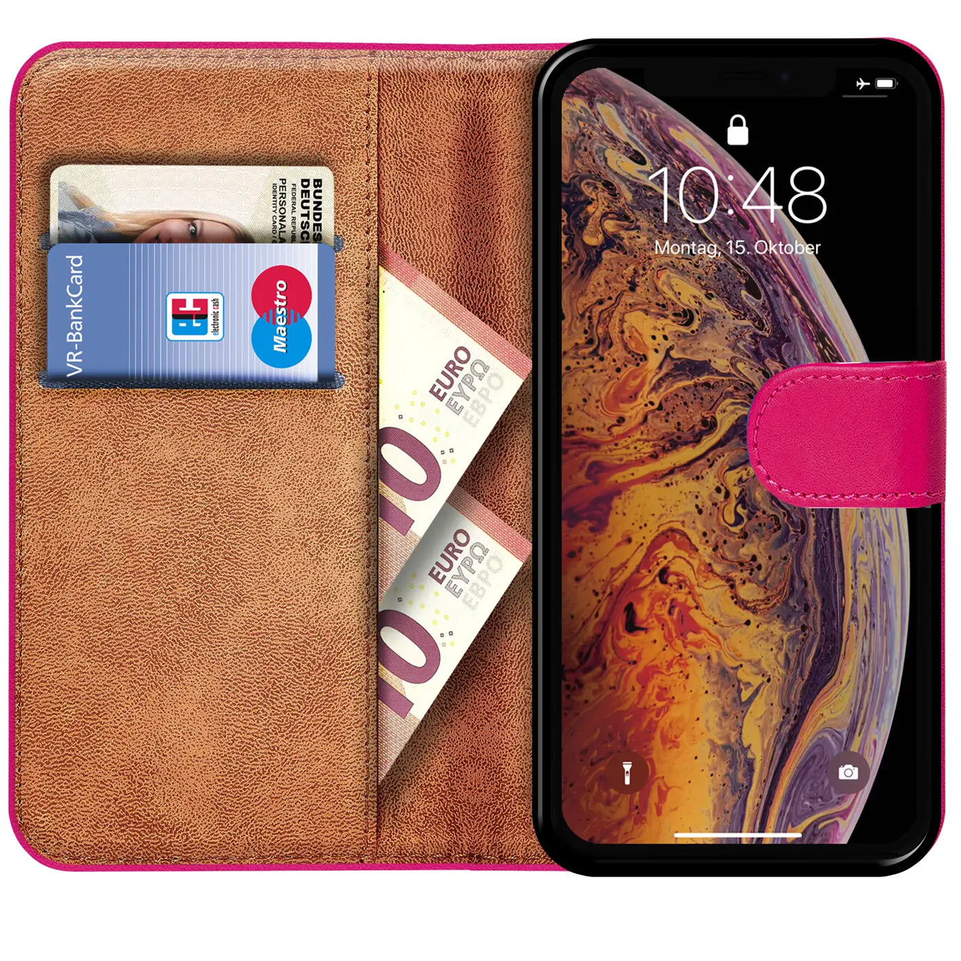 Braune Leder-Klapphülle mit pinkem Verschluss, zeigt iPhone X/XS, Karten & Euroscheine.