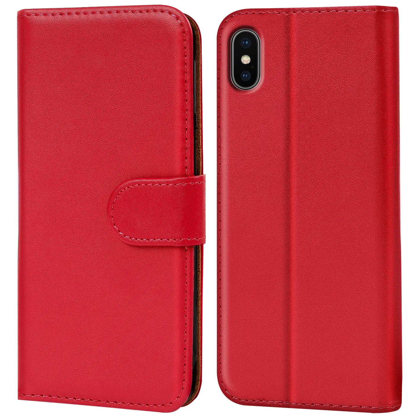 Rote Leder-Klapphülle mit Kartenfächern, Vorder- und Rückansicht, für iPhone X/XS.