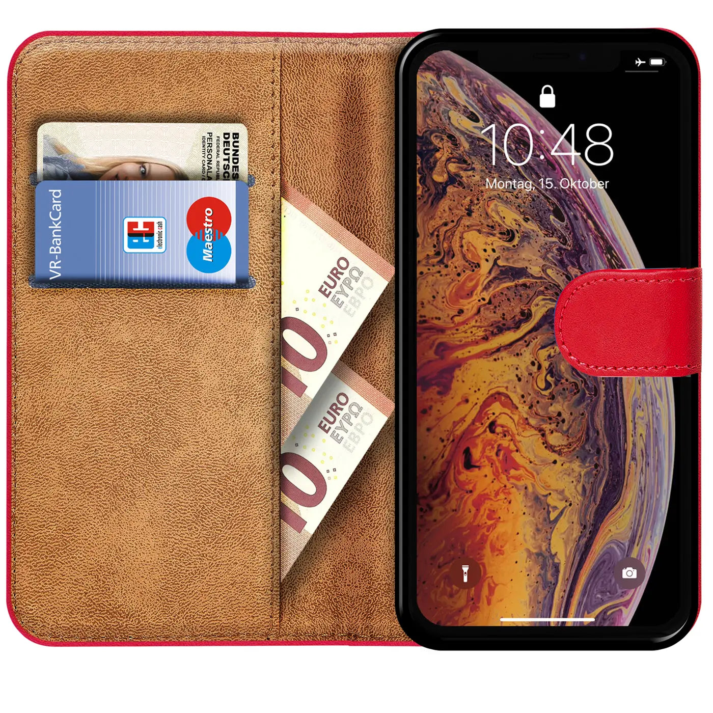 Rote Klapphülle aus Leder mit Kartenfächern, zeigt iPhone X/XS, von vorn