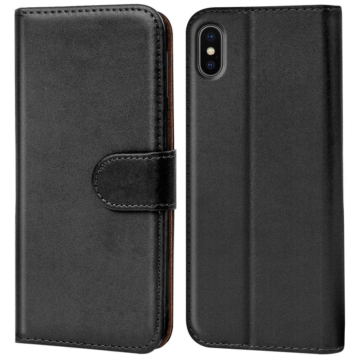 Schwarze Leder-Klapphülle mit Kartenfächern und iPhone X/XS auf weißem Hintergrund