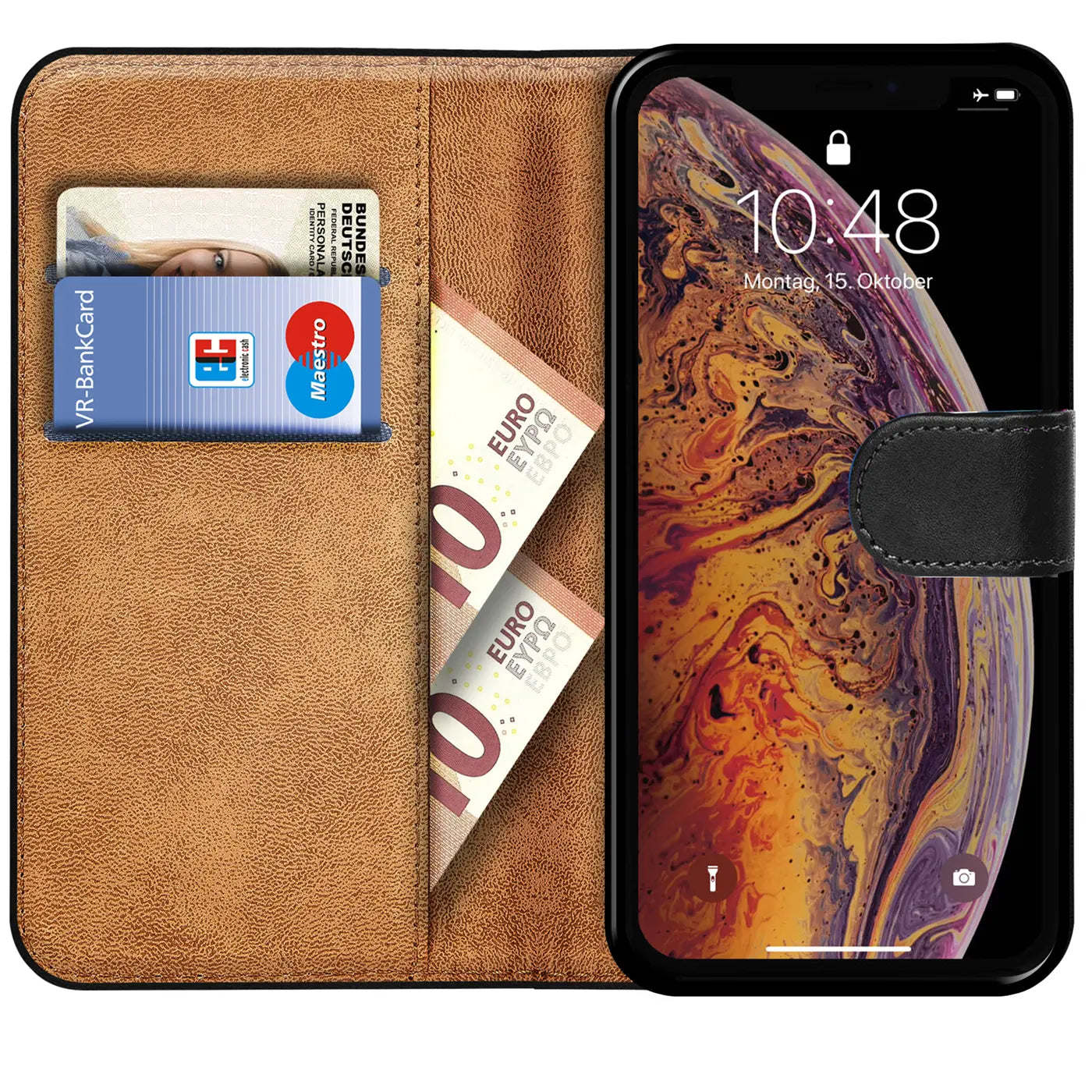 Braune Klapphülle aus Lederimitat mit Kartenfächern und Geldscheinfach, zeigt iPhone X/XS.