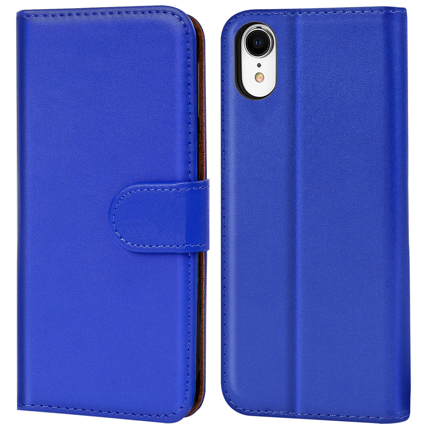 Blaue Kunstleder-Klapphülle mit Kartenfächern, Vorder- und Rückansicht, für iPhone XR.