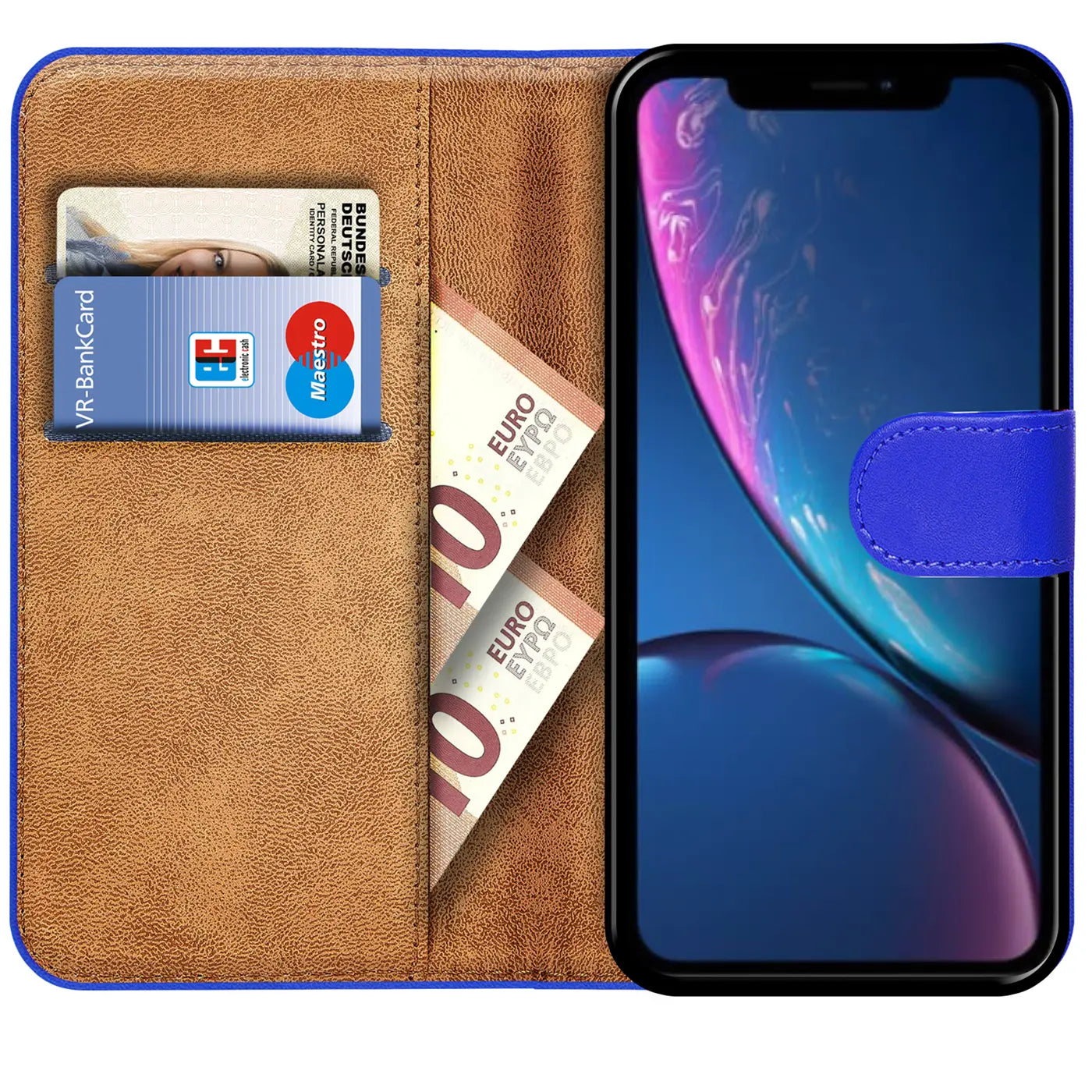 Braune Leder-Klapphülle mit Kartenfächern und blauem Verschluss, zeigt iPhone XR.