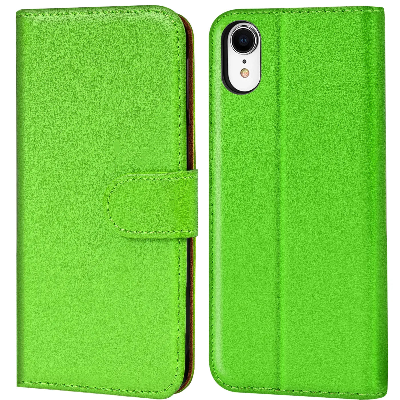 Grüne Kunstleder-Klapphülle mit Kartenfächern, Vorder- und Rückansicht, iPhone XR.