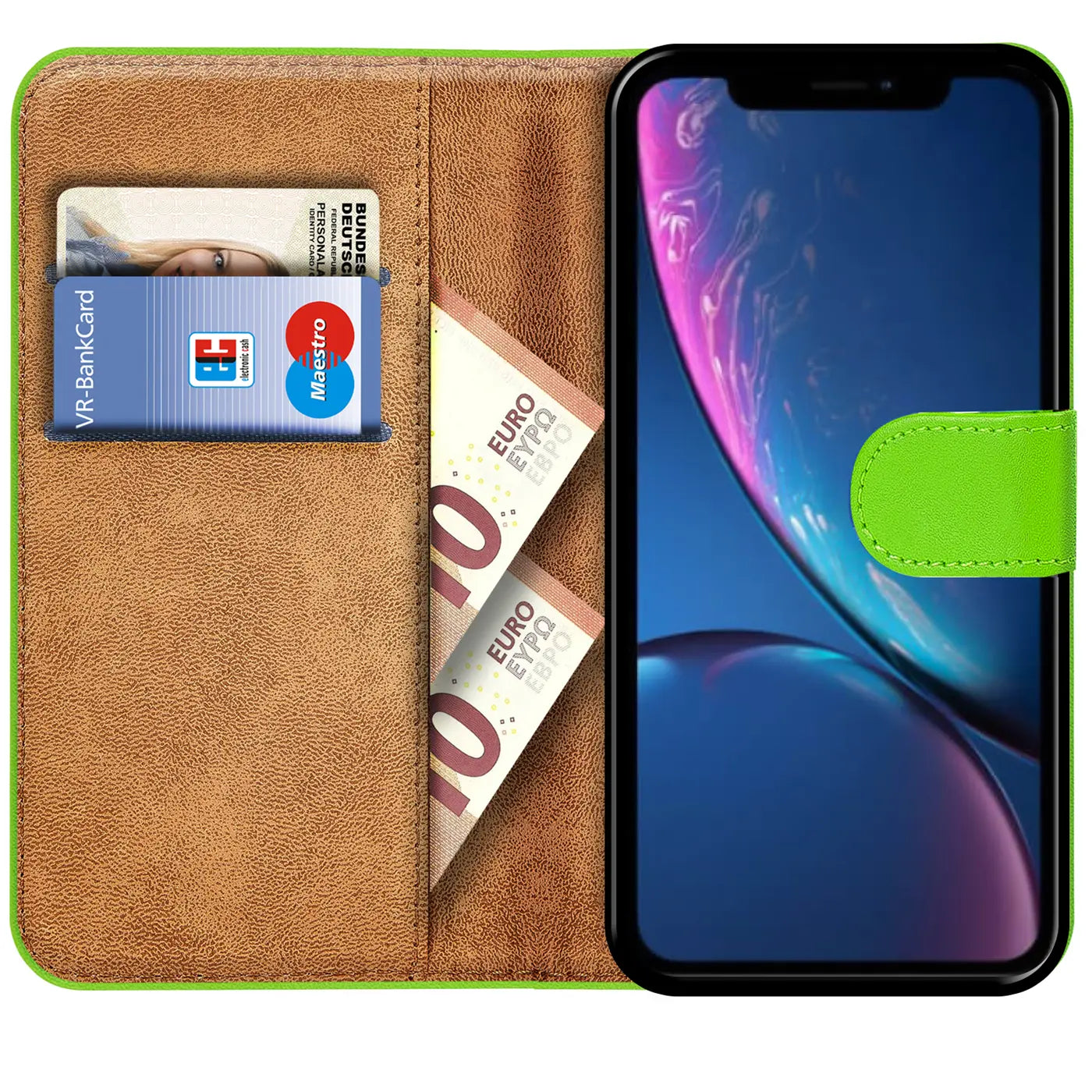 Grüne Klapphülle aus Leder mit Kartenfächern und iPhone XR, von vorn