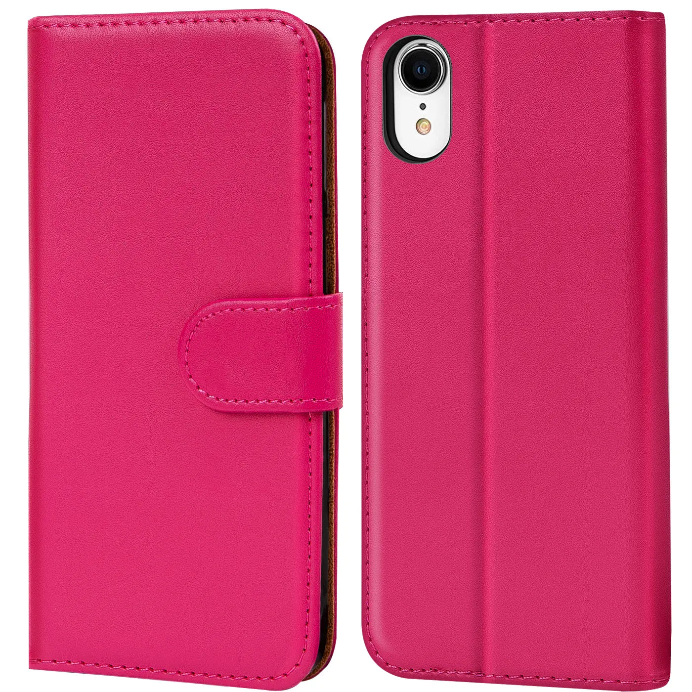 Pink Kunstleder Klapphülle mit Kartenfächern, iPhone XR Rückseite sichtbar