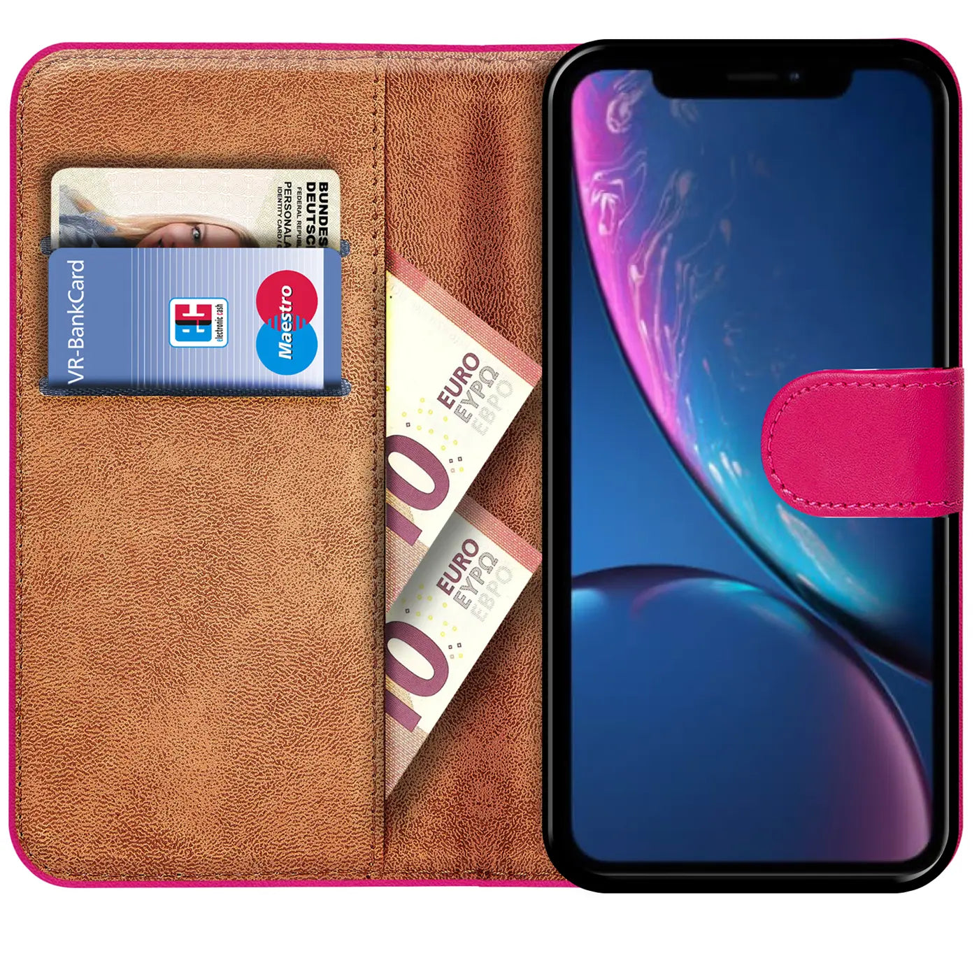 Pink Leder-Klapphülle mit Kartenfächern, zeigt iPhone XR, von vorne