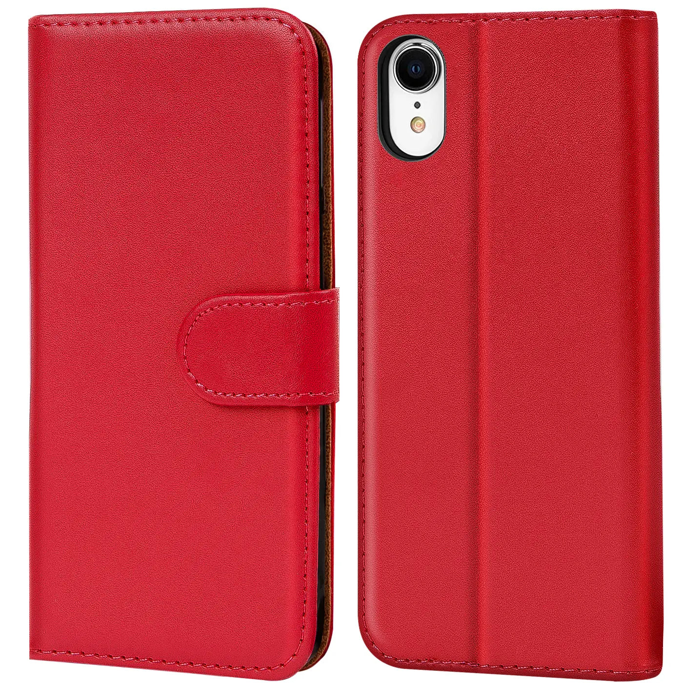 Rote Kunstleder-Klapphülle mit Kartenfächern, Vorder- und Rückansicht, für iPhone XR