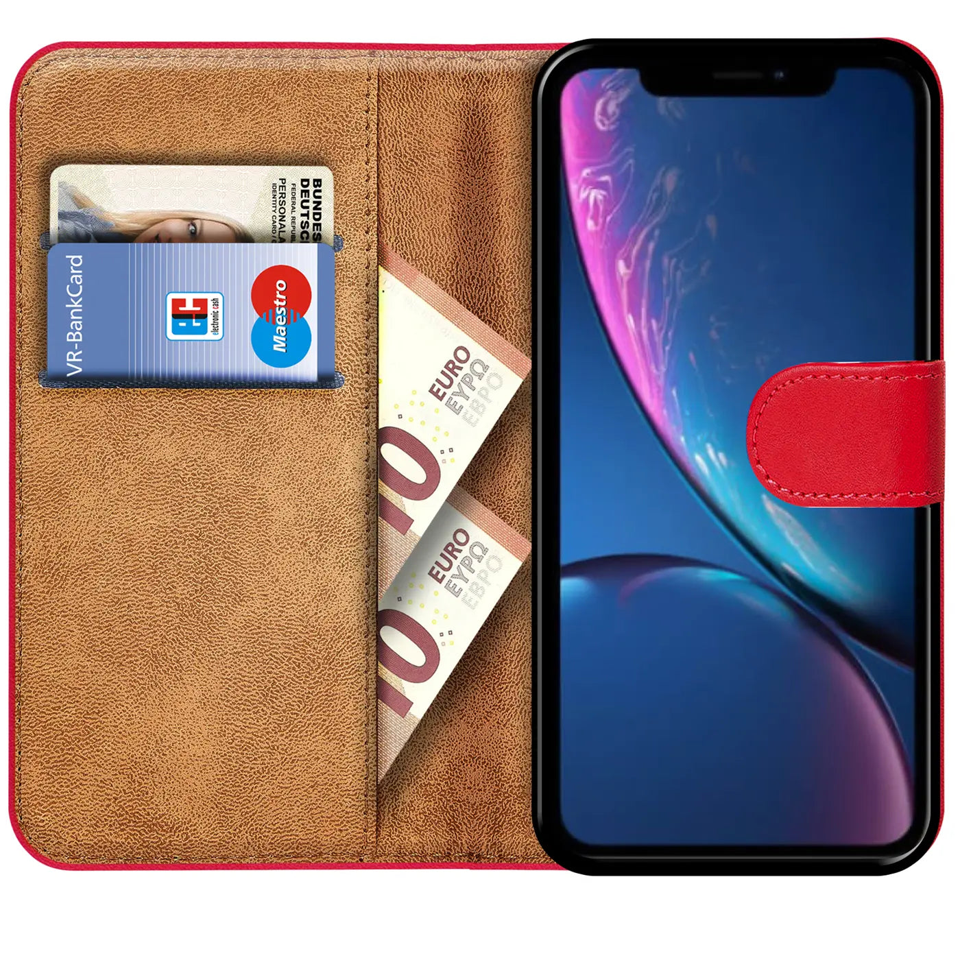 Rote Klapphülle aus Lederimitat mit Kartenfächern, zeigt iPhone XR, von vorne