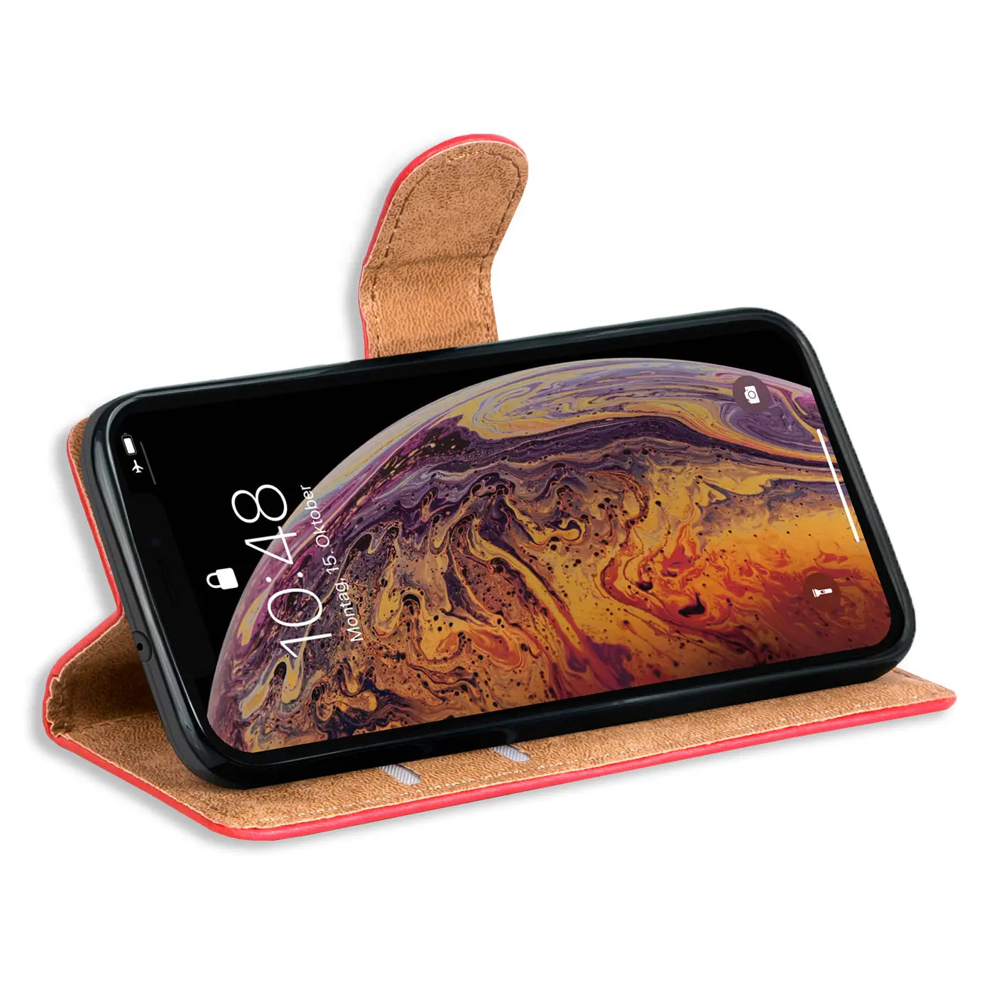 Rote Leder-Klapphülle mit Kartenfächern, iPhone XR, von vorne schräg