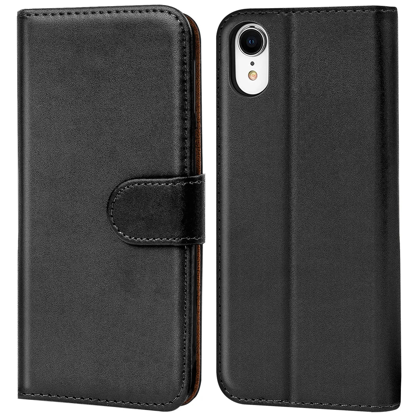 Schwarze Leder-Klapphülle mit Kartenfächern, Vorder- und Rückansicht, iPhone XR