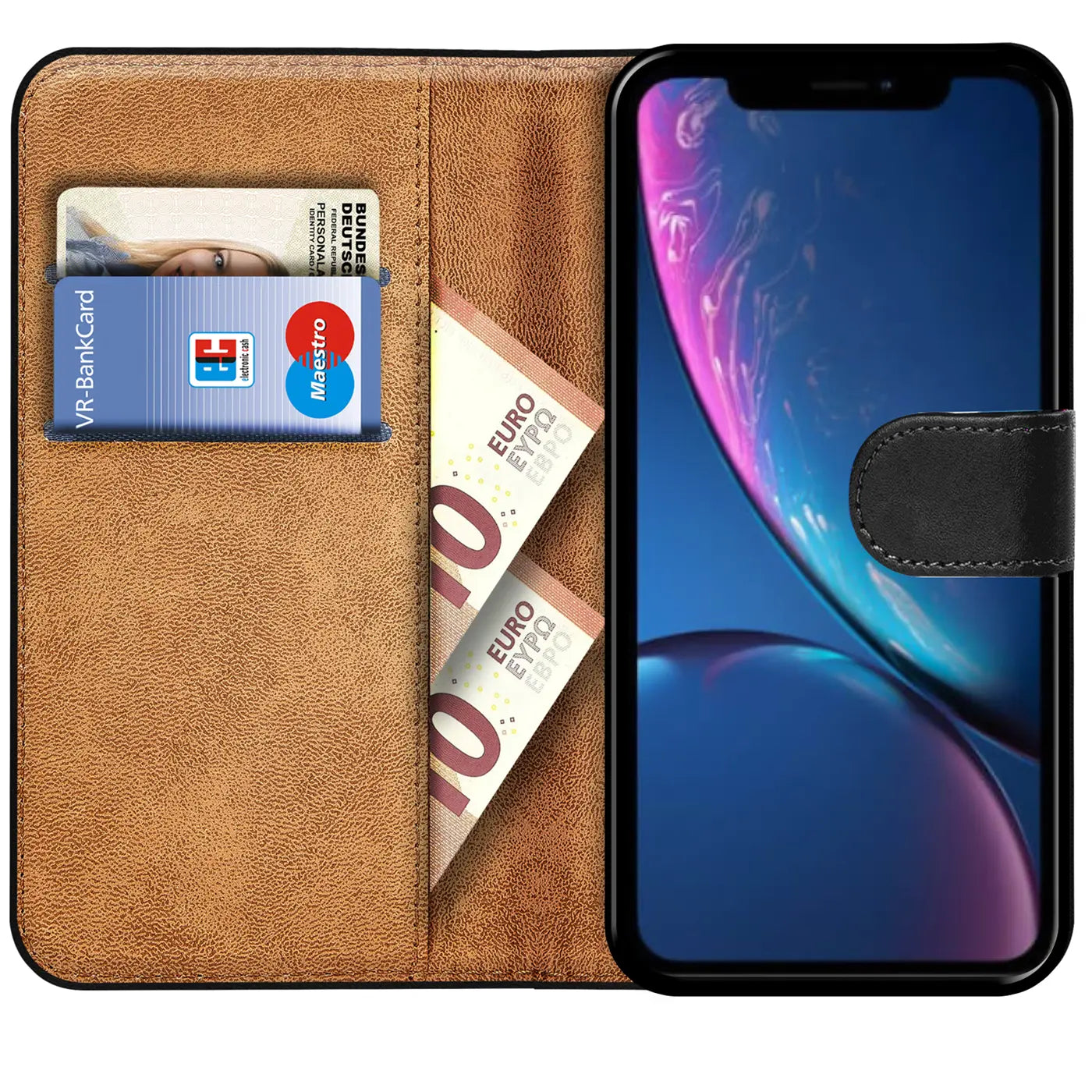 Braun lederne Klapphülle mit Kartenfächern, zeigt iPhone XR, von vorne