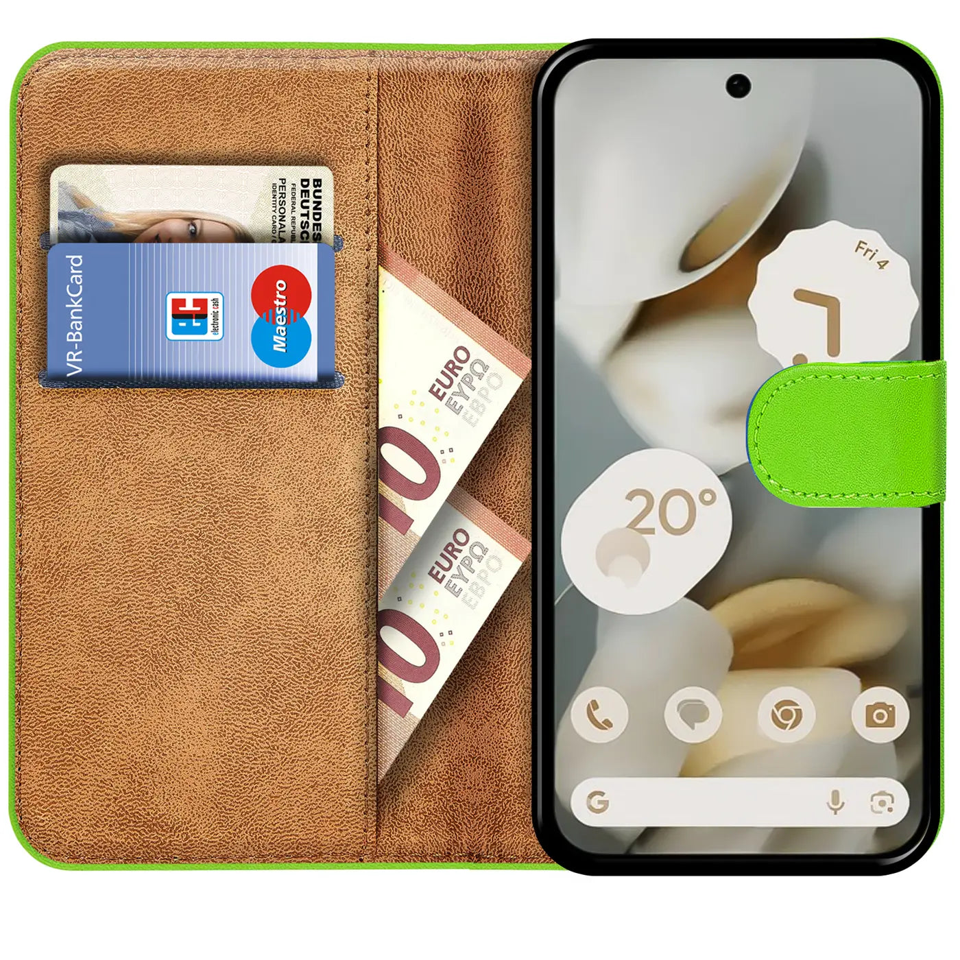 Grüne Kunstleder-Klapphülle für Google Pixel 10, geöffnet. Innen braun, mit 2 Karten und 2 Geldscheinen.