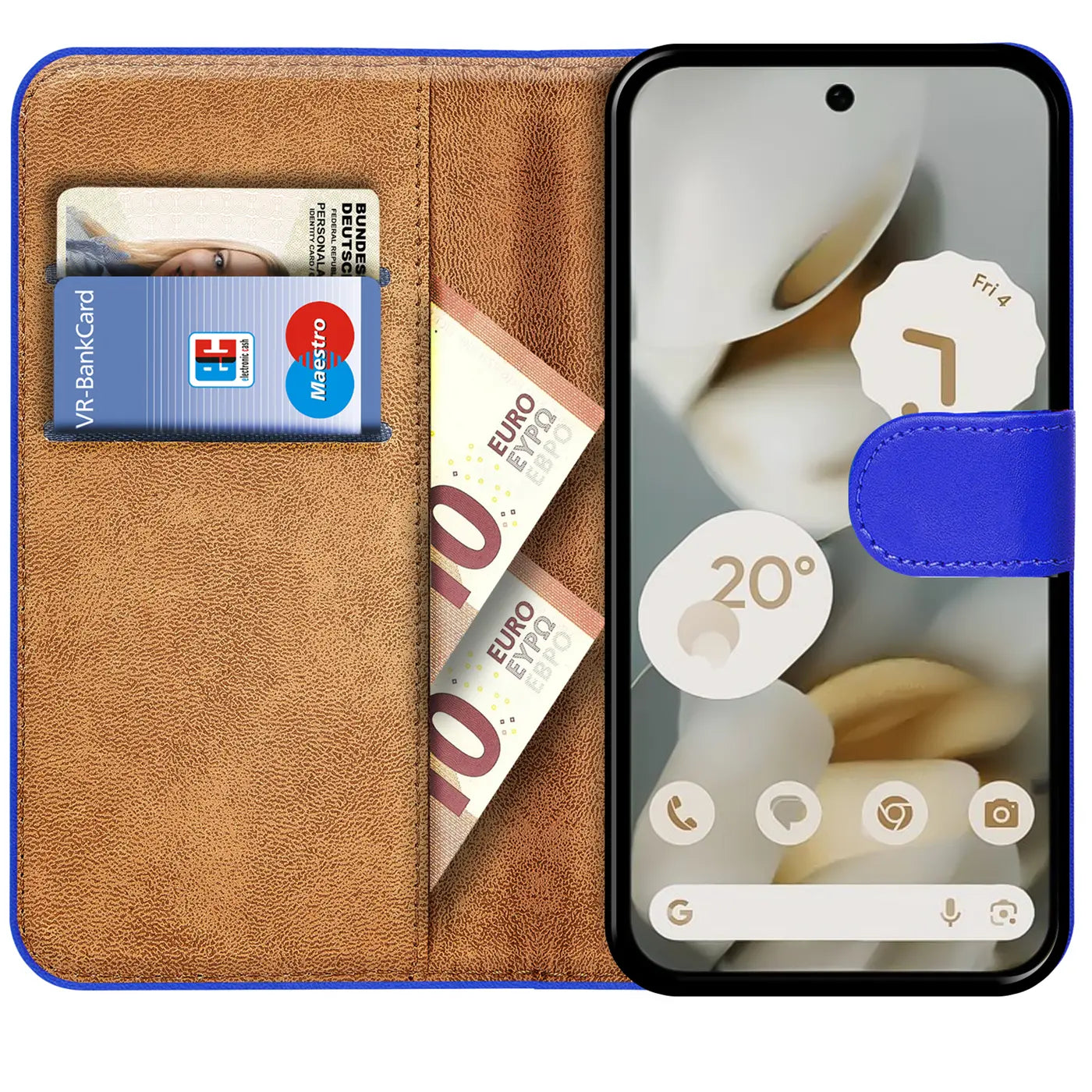 Blaue Klapphülle aus Kunstleder für Google Pixel 10 Pro, innen braun mit Kartenfächern und Geldscheinen.