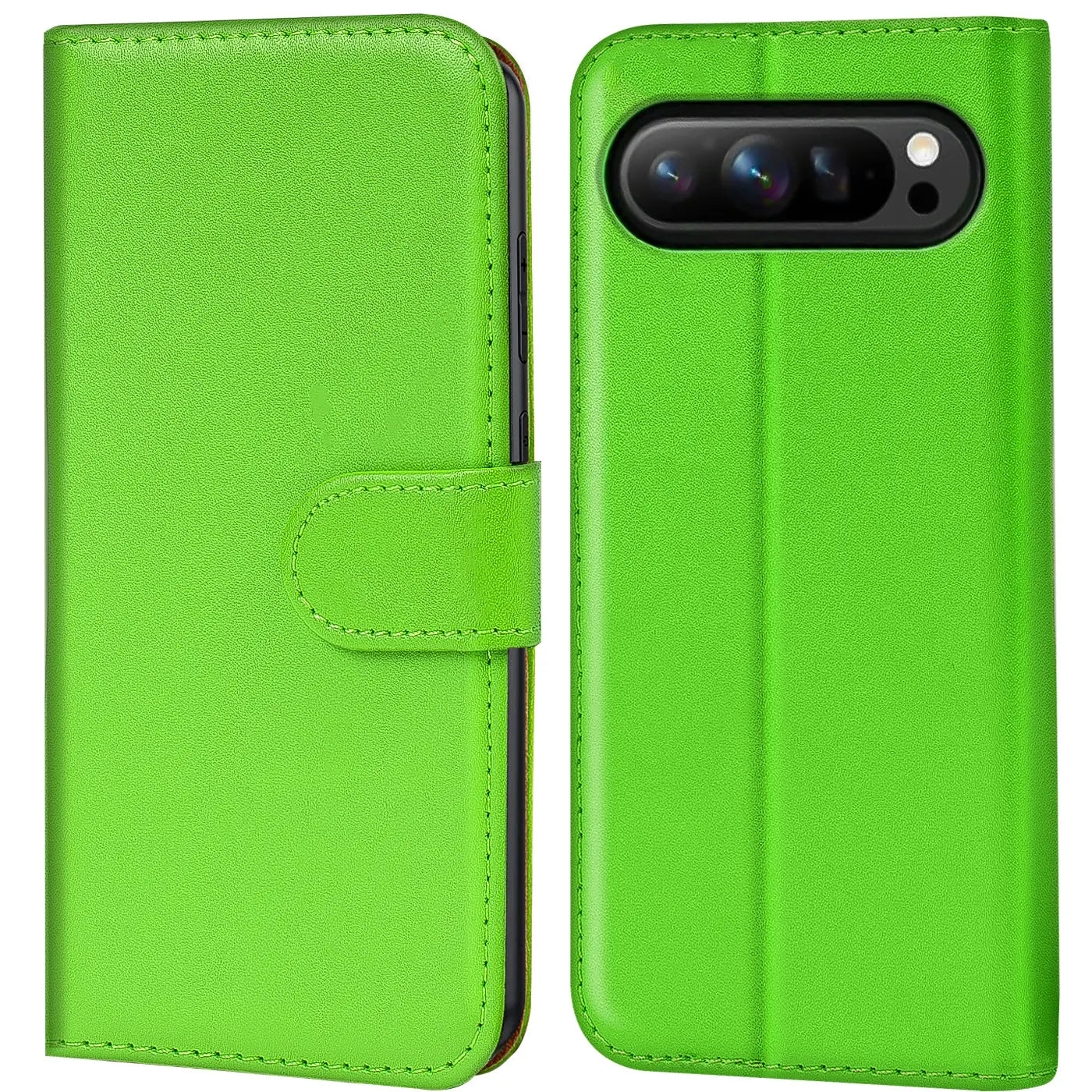 Grüne Kunstleder Klapphülle für Google Pixel 10 Pro, geschlossen mit Lasche (links) und offen mit Kameraausschnitt (rechts).