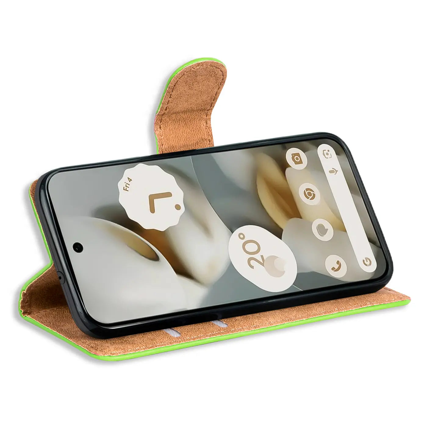 Google Pixel 10 Pro in neongrüner Kunstleder-Klapphülle mit brauner Innenseite, schräg von vorne, im Querformat.