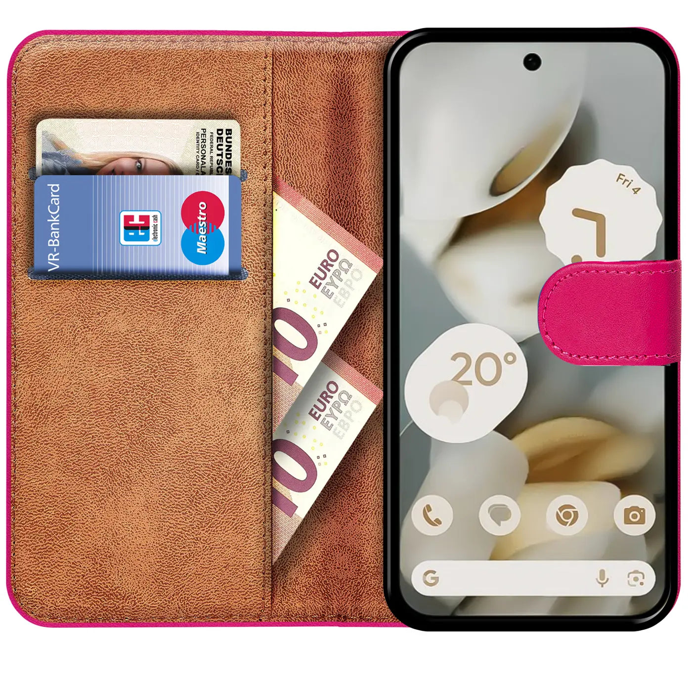Pinke Kunstleder-Klapphülle für Google Pixel 10 Pro, offen, mit Kartenfächern, Bankkarte und 10-Euro-Scheinen.