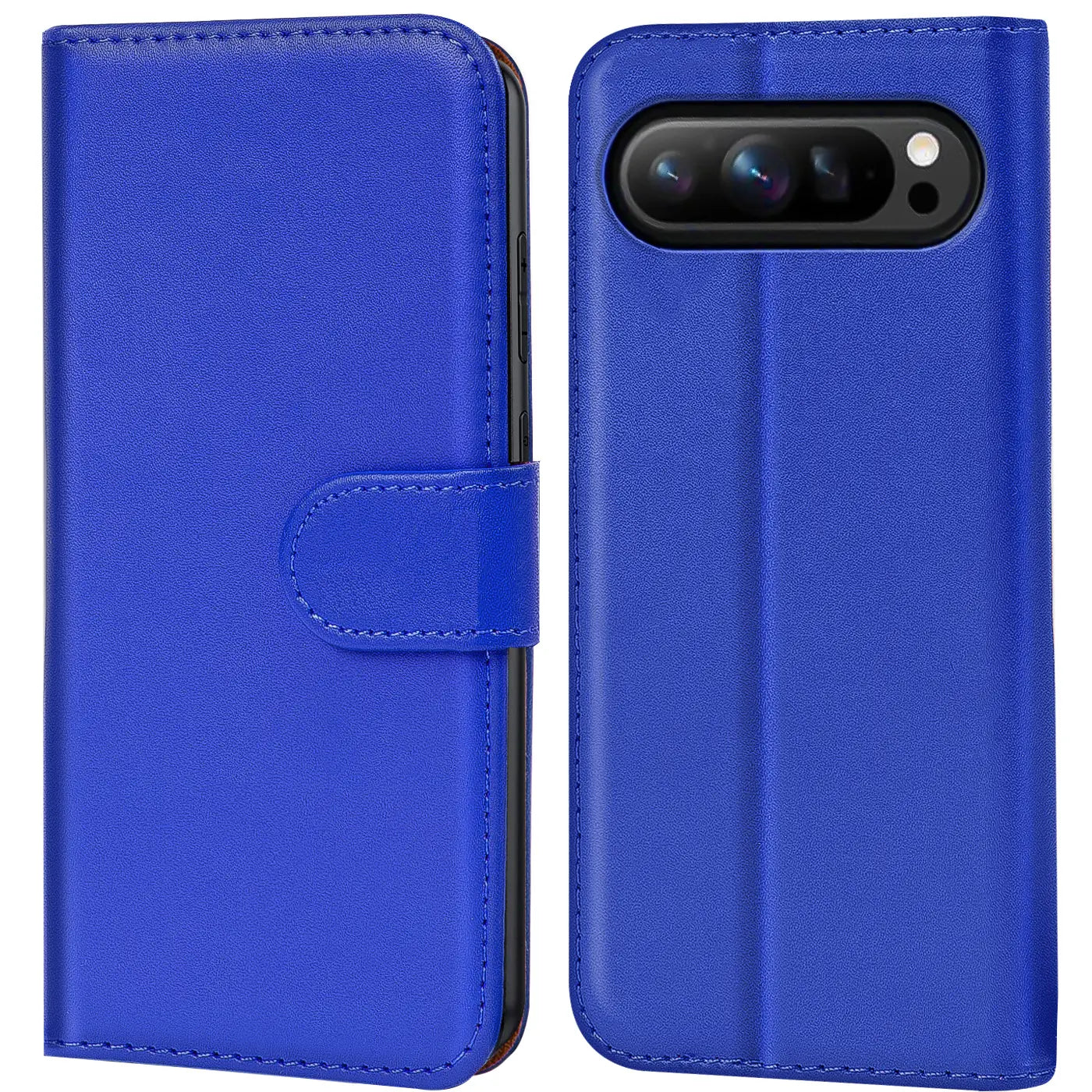 Zwei blaue Kunstleder-Klapphüllen für Google Pixel 10 Pro XL. Links geschlossen mit Lasche, rechts offen mit.