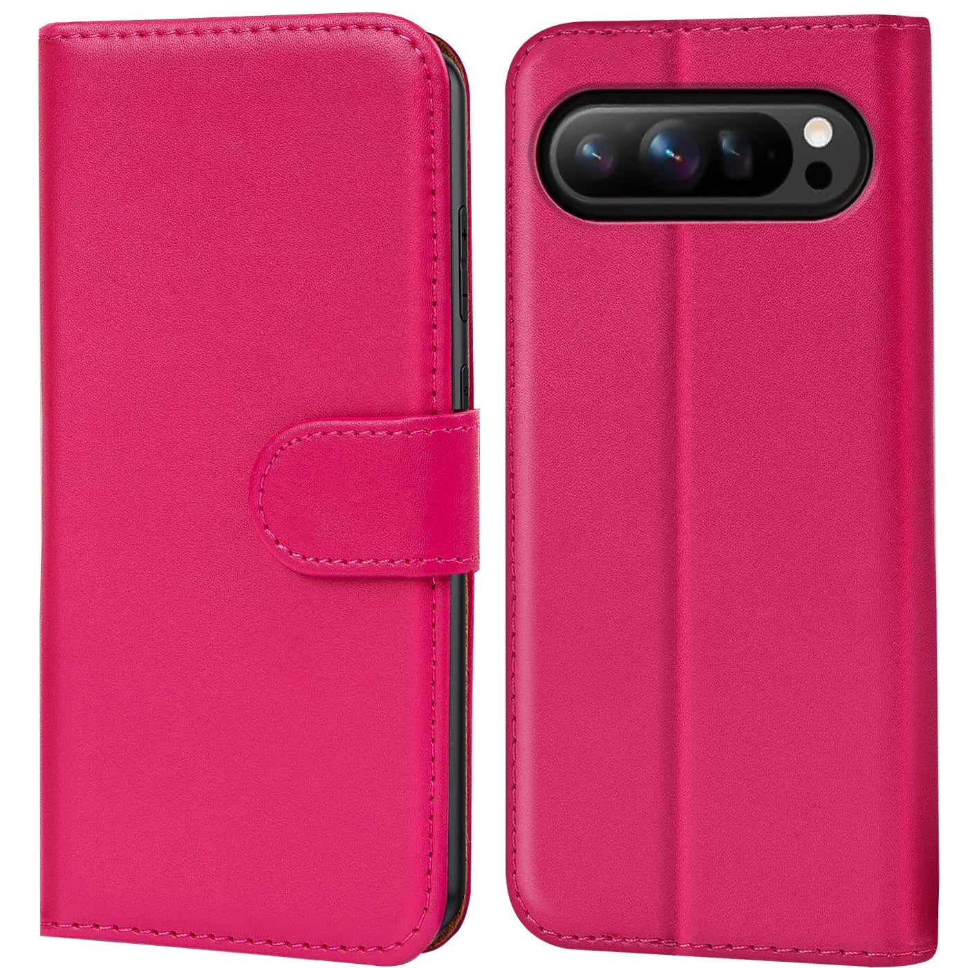 Fuchsiafarbene Kunstleder-Klapphülle für Google Pixel 10 Pro XL, geschlossen mit Lasche (links) und offene Rückseite.
