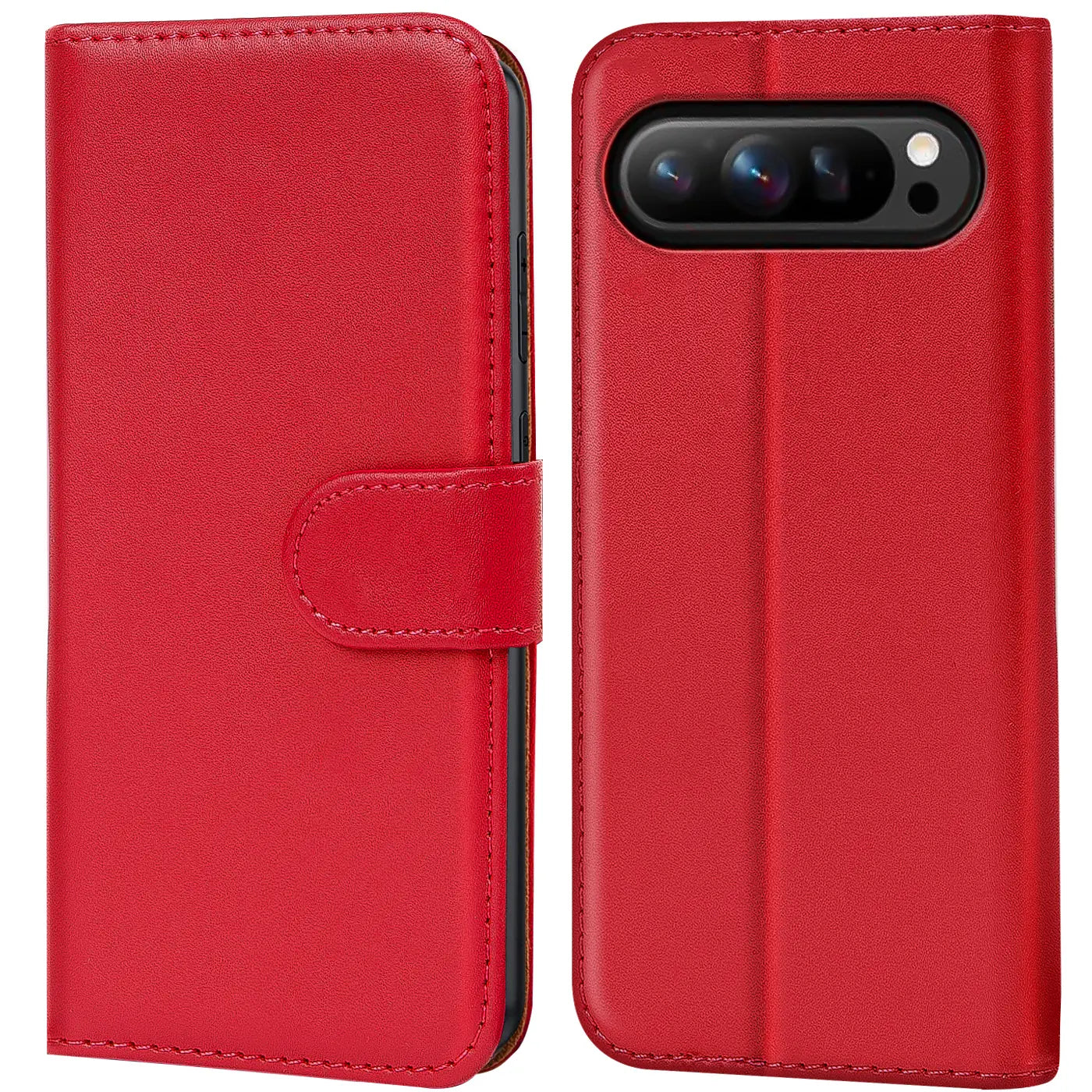 Rote Kunstleder Klapphülle für Google Pixel 10 Pro XL, links geschlossen mit Lasche, rechts offen mit Kameraausschnitt.
