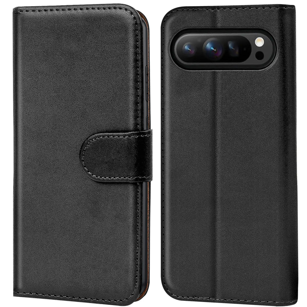 Zwei schwarze Kunstleder-Klapphüllen für Google Pixel 10 Pro XL, eine geschlossen mit Lasche, die andere offen mit.