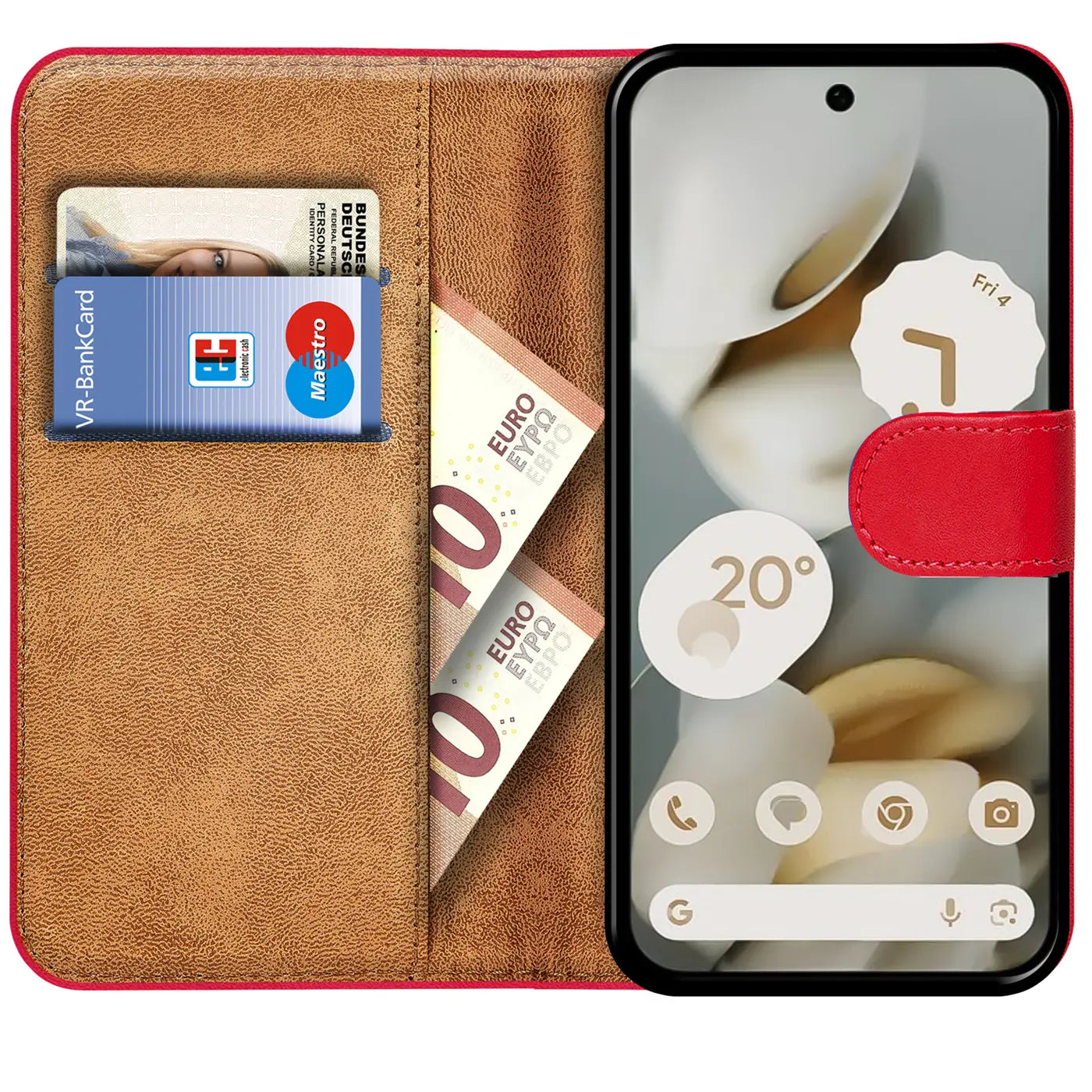 Rote Kunstleder-Klapphülle für Google Pixel 10, offen. Links braune Innenseite mit Kartenfächern, rechts Display.