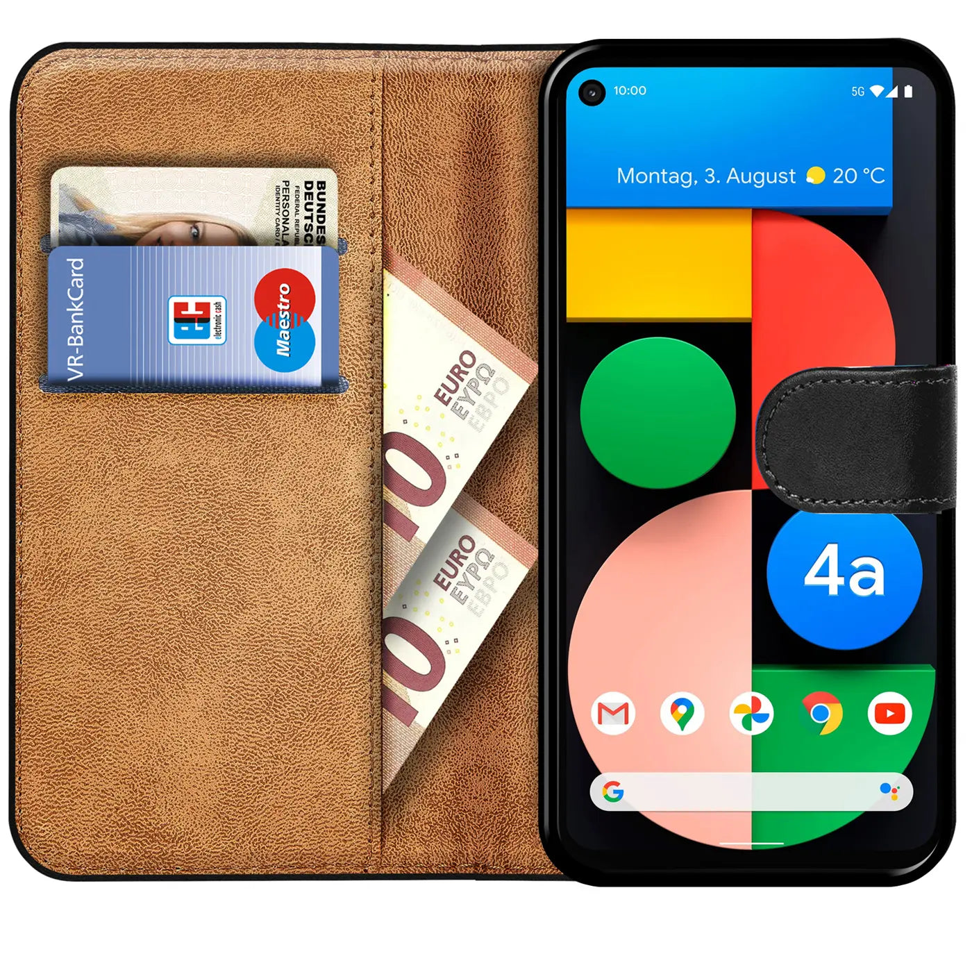 Braune Kunstleder-Klapphülle für Google Pixel 4A 5G, geöffnet, mit Bankkarte und zwei 10-Euro-Scheinen.