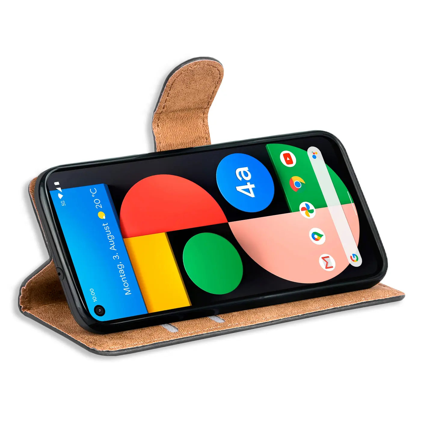 Google Pixel 4A 5G in schwarzer Kunstleder-Klapphülle mit brauner Innenseite, als Ständer aufgestellt.