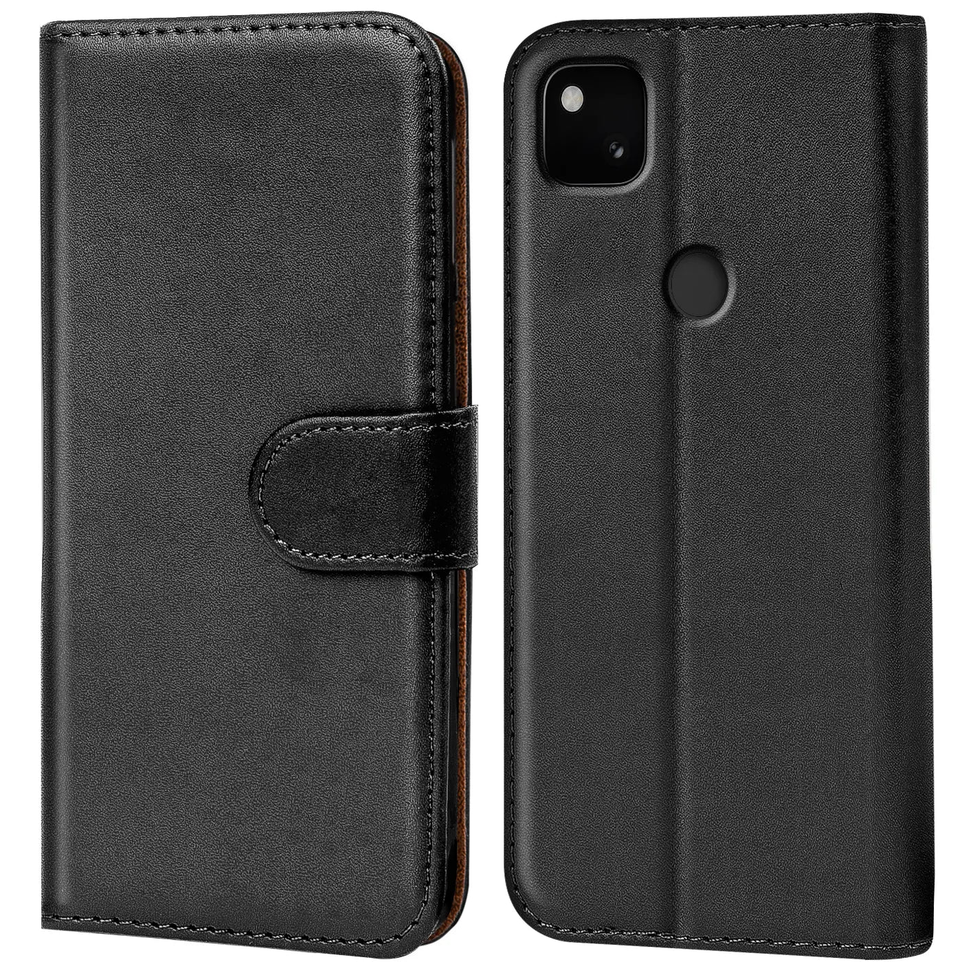 Schwarze Kunstleder-Klapphülle für Google Pixel 4A, geschlossen mit Magnetverschluss (links) und offen (rechts).