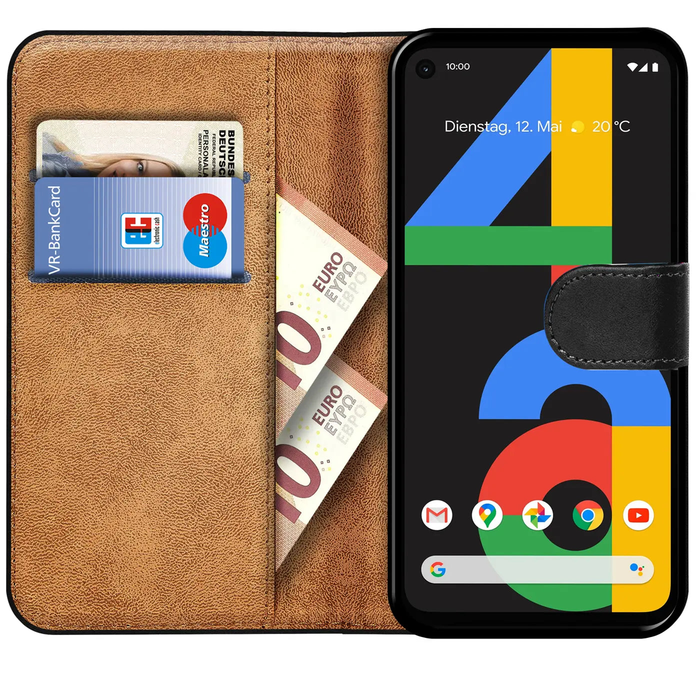 Braune Kunstleder-Klapphülle für Google Pixel 4A, offen mit 2 Karten und 2 Geldscheinen in Fächern, von oben.