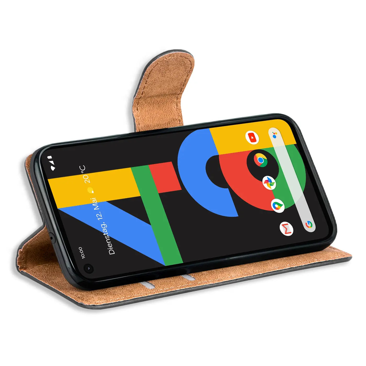 Braune Kunstleder-Klapphülle für Google Pixel 4A, offen und seitlich aufgestellt, mit drei Kartenfächern.