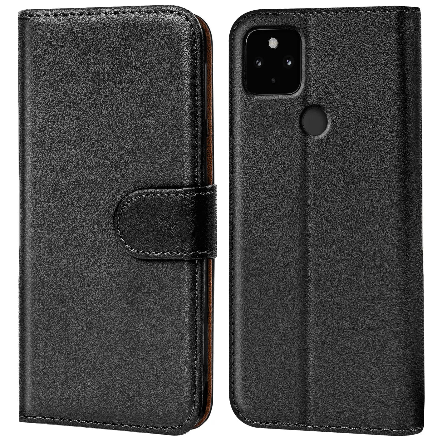 Schwarze Kunstleder Klapphülle für Google Pixel 5, geschlossen mit Lasche (links) und Rückseite mit Kameraausschnitt.