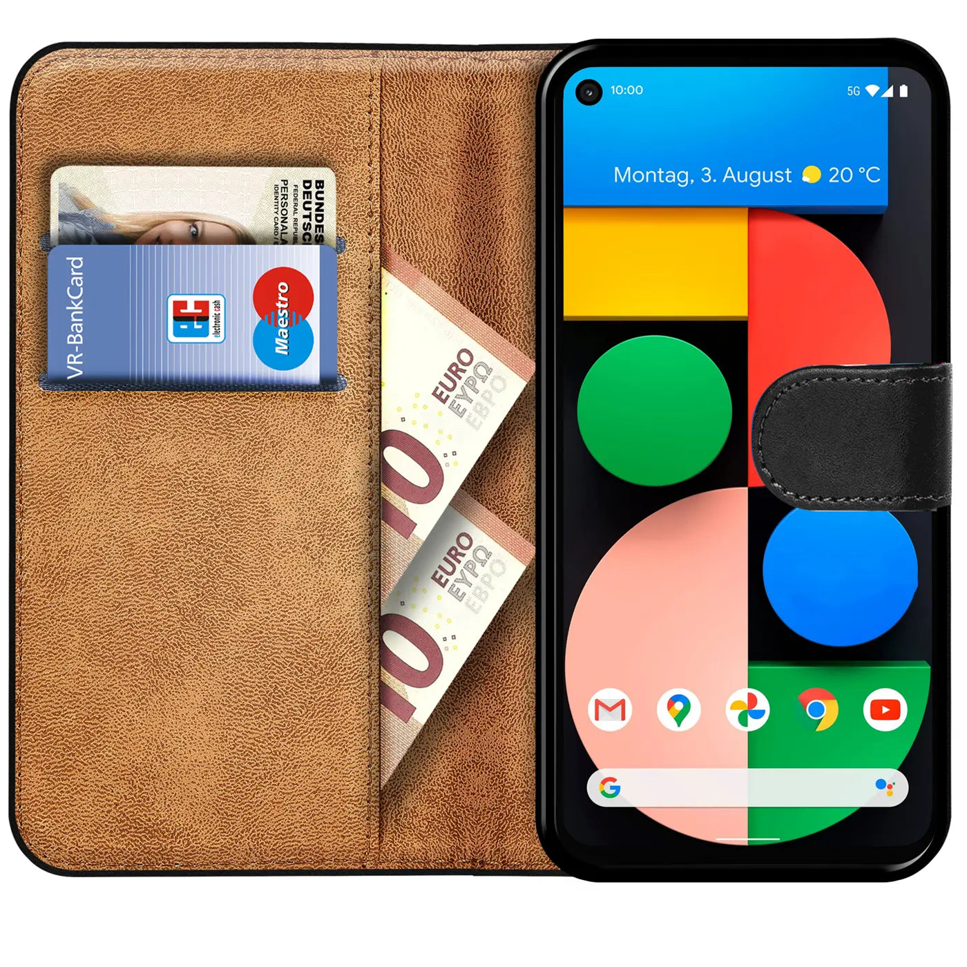 Braune Kunstleder-Klapphülle für Google Pixel 5, offen mit Karten und Geldscheinen in den Fächern, von oben.