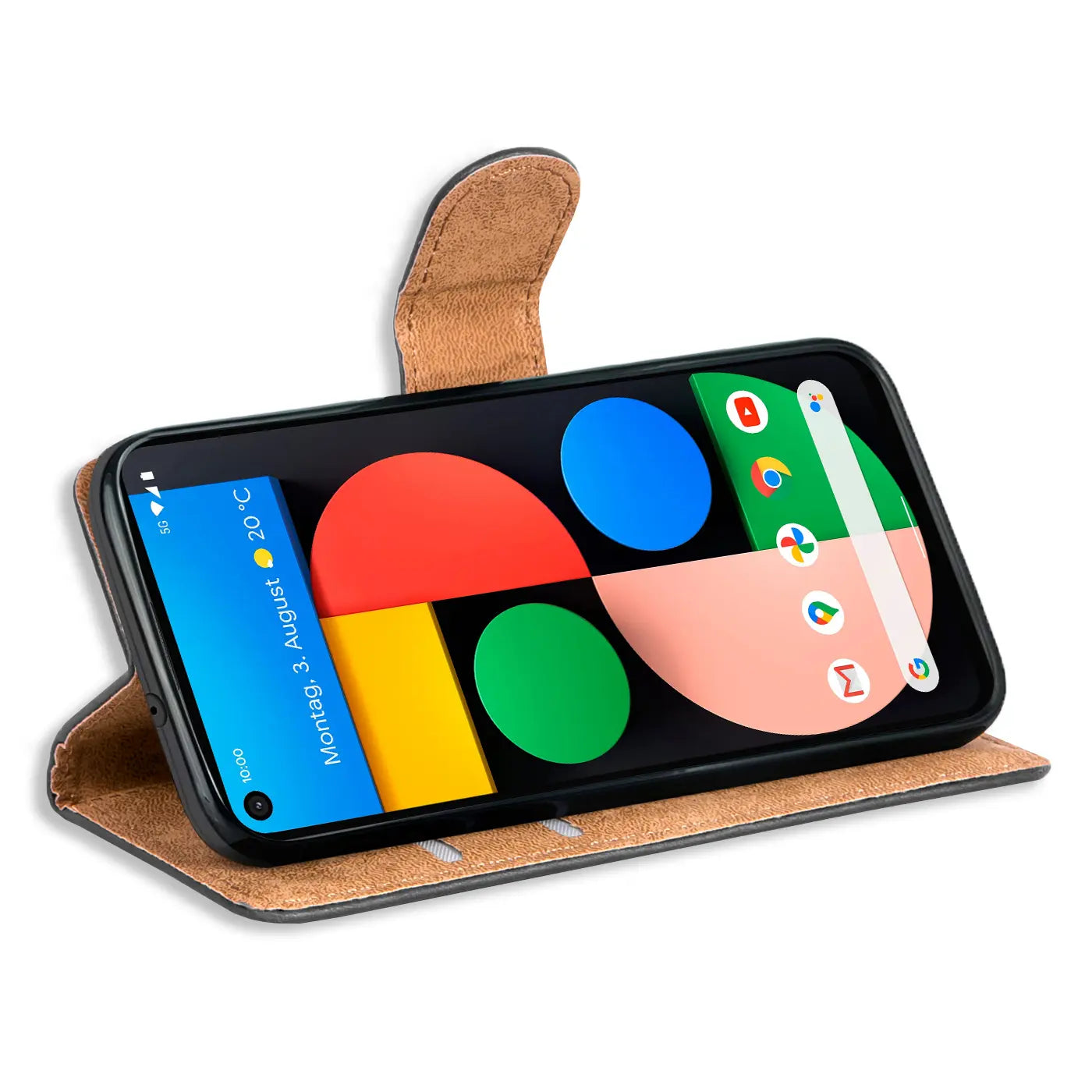 Google Pixel 5 in brauner Kunstleder-Klapphülle, horizontal aufgestellt, leicht von oben rechts.
