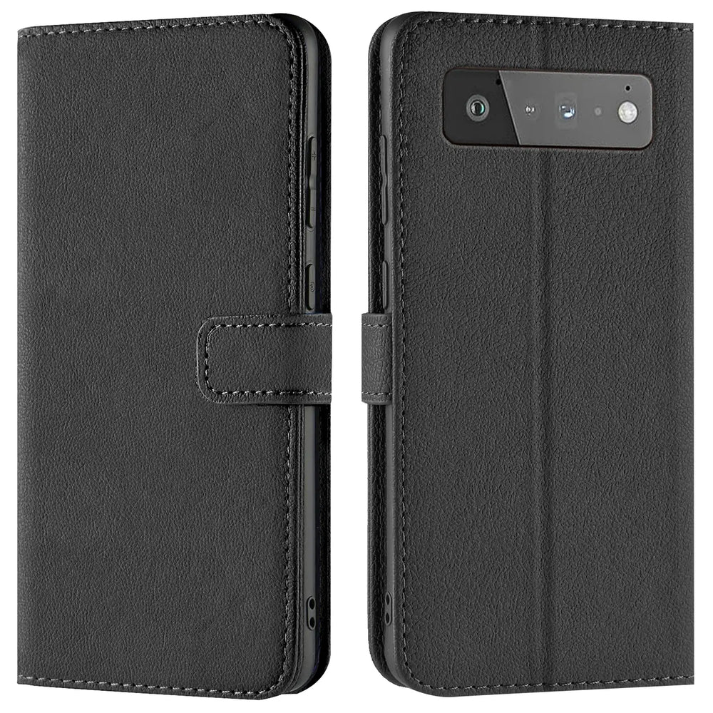 Schwarze Kunstleder-Klapphülle für Google Pixel 6 Pro, geschlossen (links) und offen mit sichtbarer Rückseite (rechts).