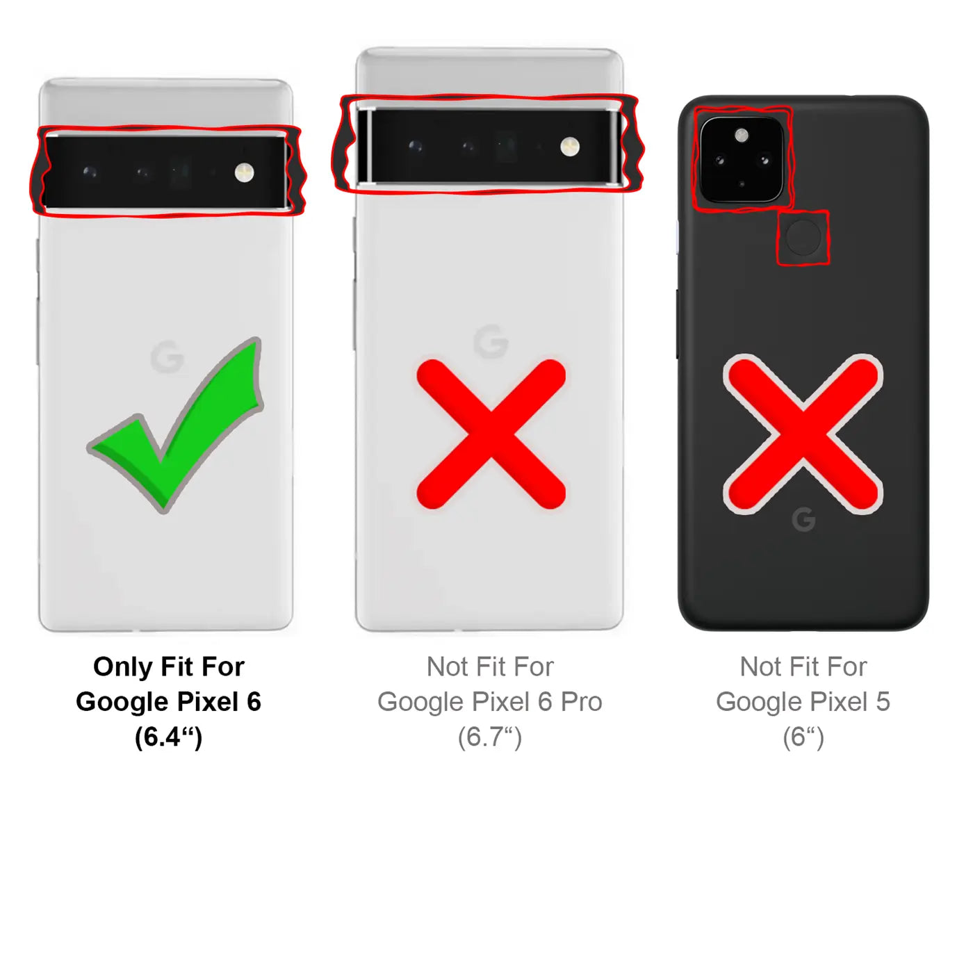 Rückansichten von 3 Smartphones: Google Pixel 6 (weiß, Hülle passt), Pixel 6 Pro (weiß, Hülle passt nicht), Pixel 5.