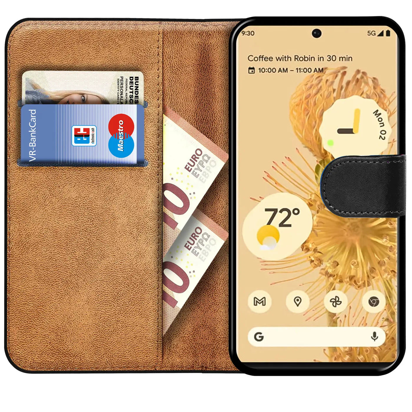 Braune Kunstleder-Klapphülle für Google Pixel 6a, offen mit Bankkarte, Ausweis und zwei 10-Euro-Scheinen.