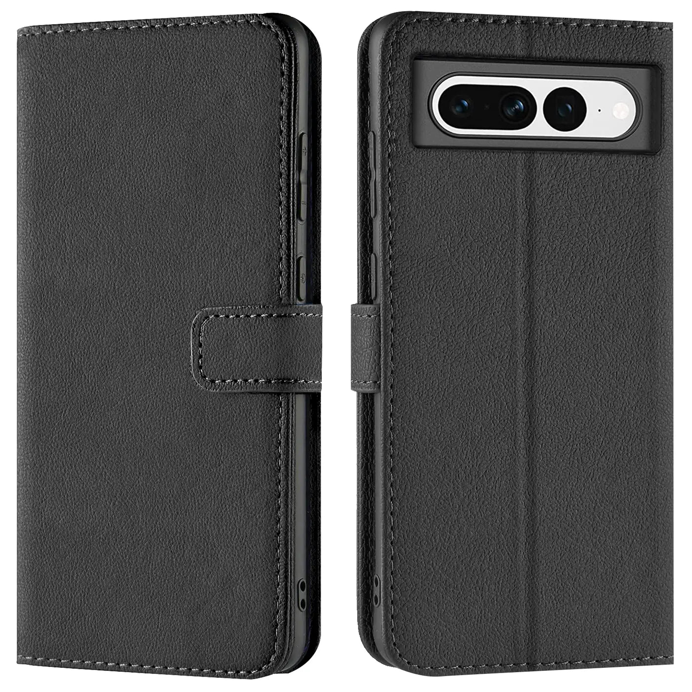 Schwarze Kunstleder-Klapphülle für Google Pixel 7 Pro, geschlossen (links) und offen mit Kameraausschnitt (rechts).